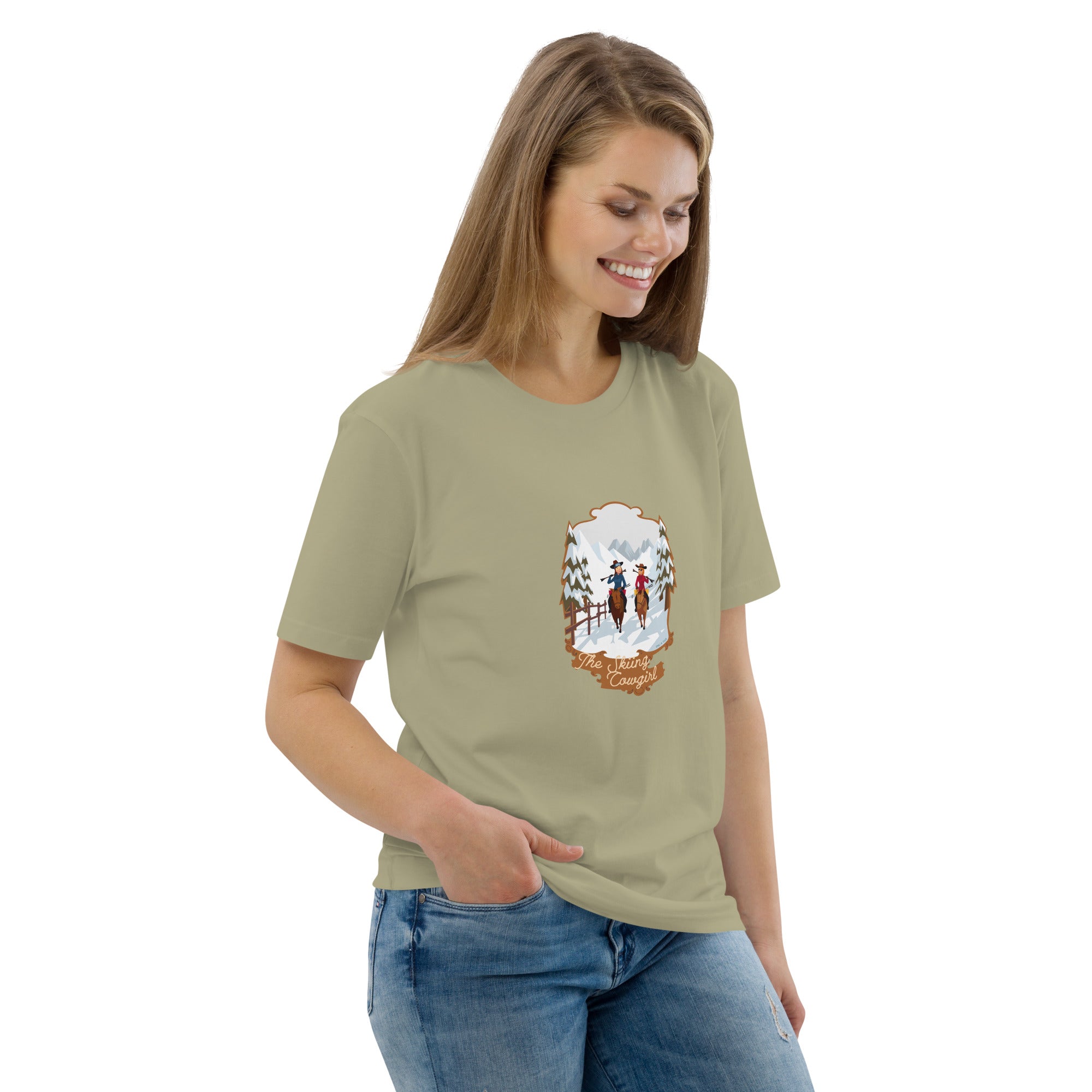 T-shirt unisexe en coton biologique The Skiing Cowgirl sur couleurs foncées