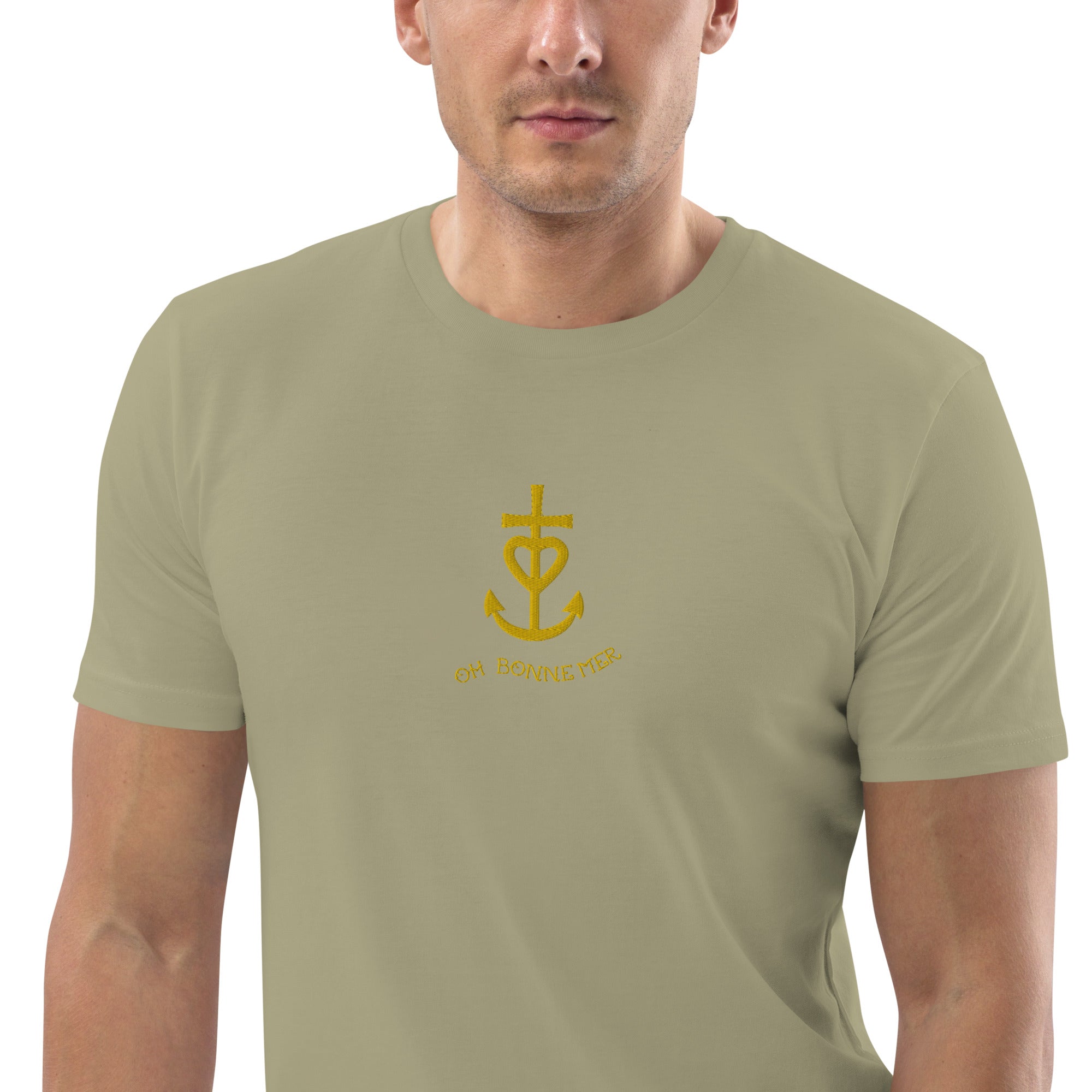 T-shirt unisexe en coton biologique Croix de Camargue dorée Oh Bonne mer brodé sur couleurs foncées