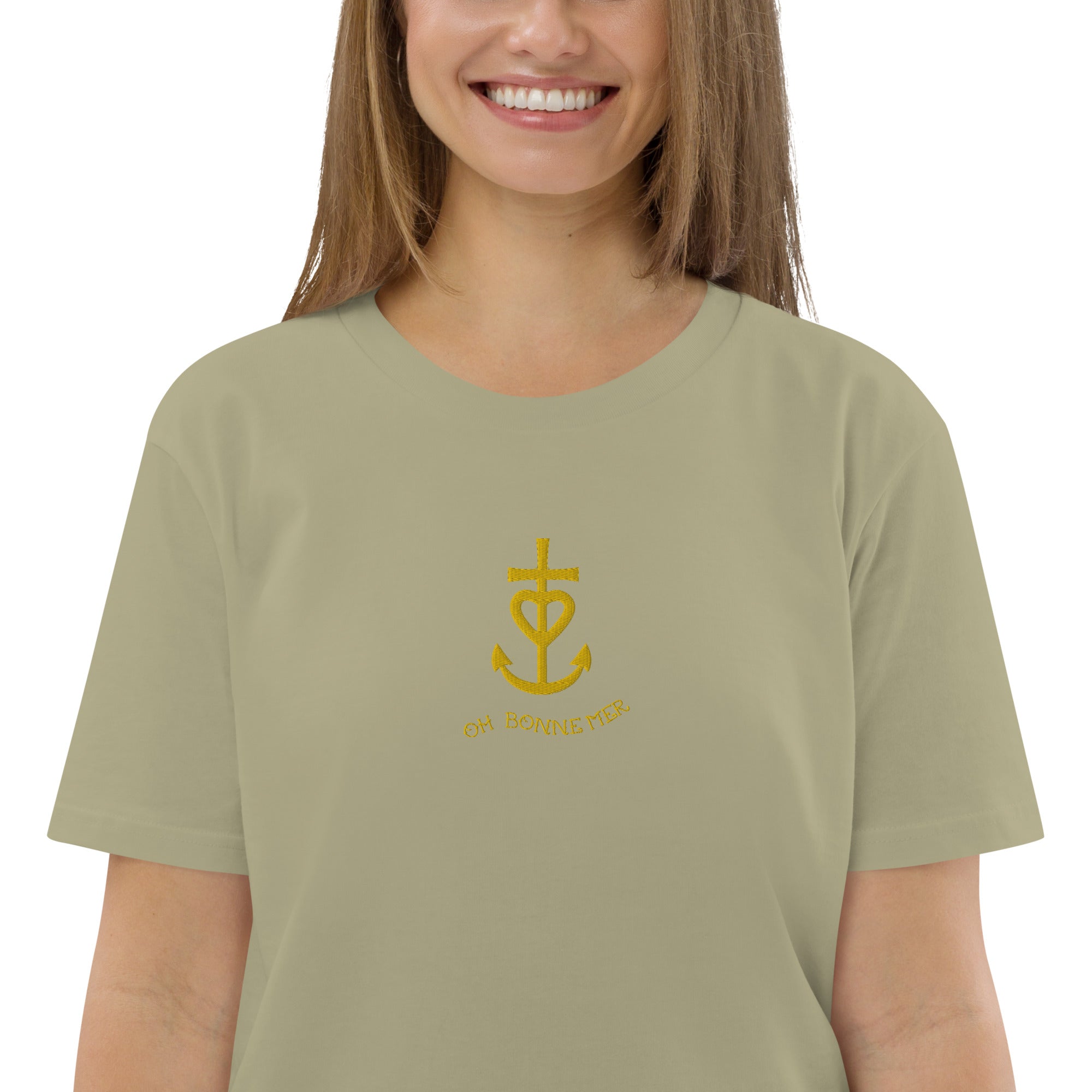 T-shirt unisexe en coton biologique Croix de Camargue dorée Oh Bonne mer brodé sur couleurs foncées