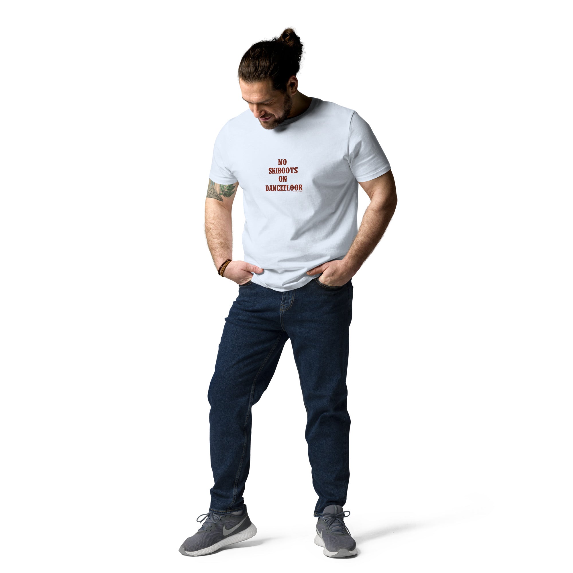 T-shirt unisexe en coton biologique No Skiboots on Dancefloor texte foncé