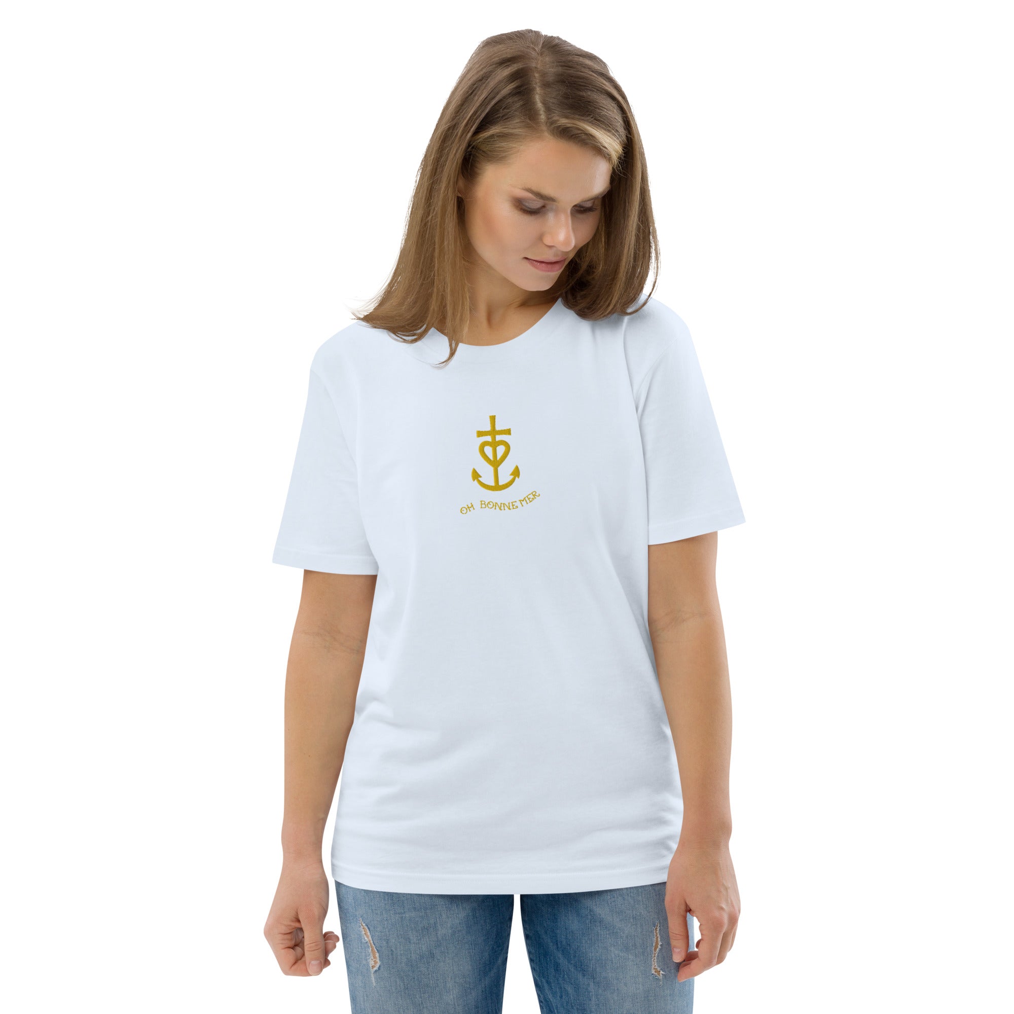 Unisex organic cotton t-shirt Croix de Camargue Gold embroidered pattern on light colors