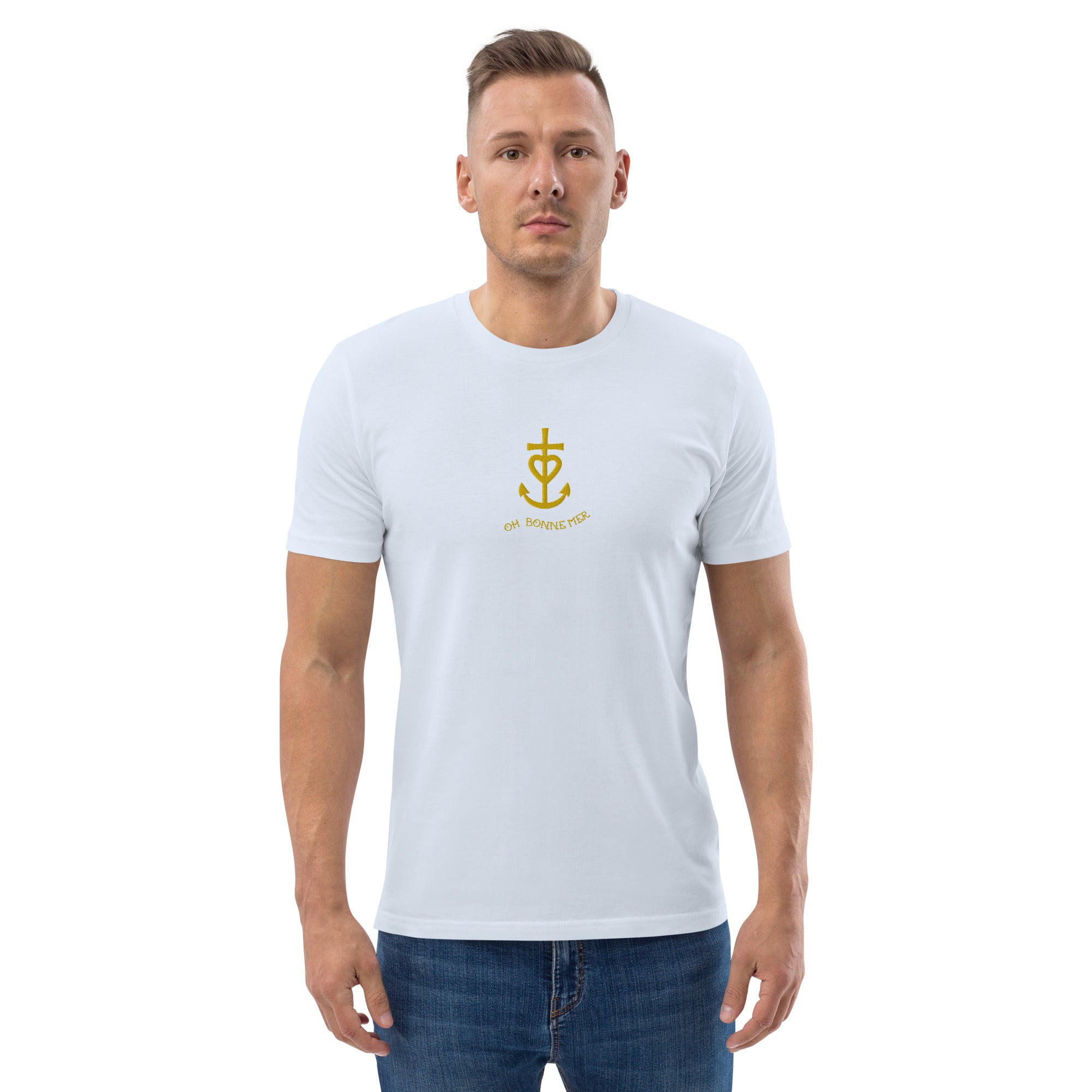 Unisex organic cotton t-shirt Croix de Camargue Gold embroidered pattern on light colors