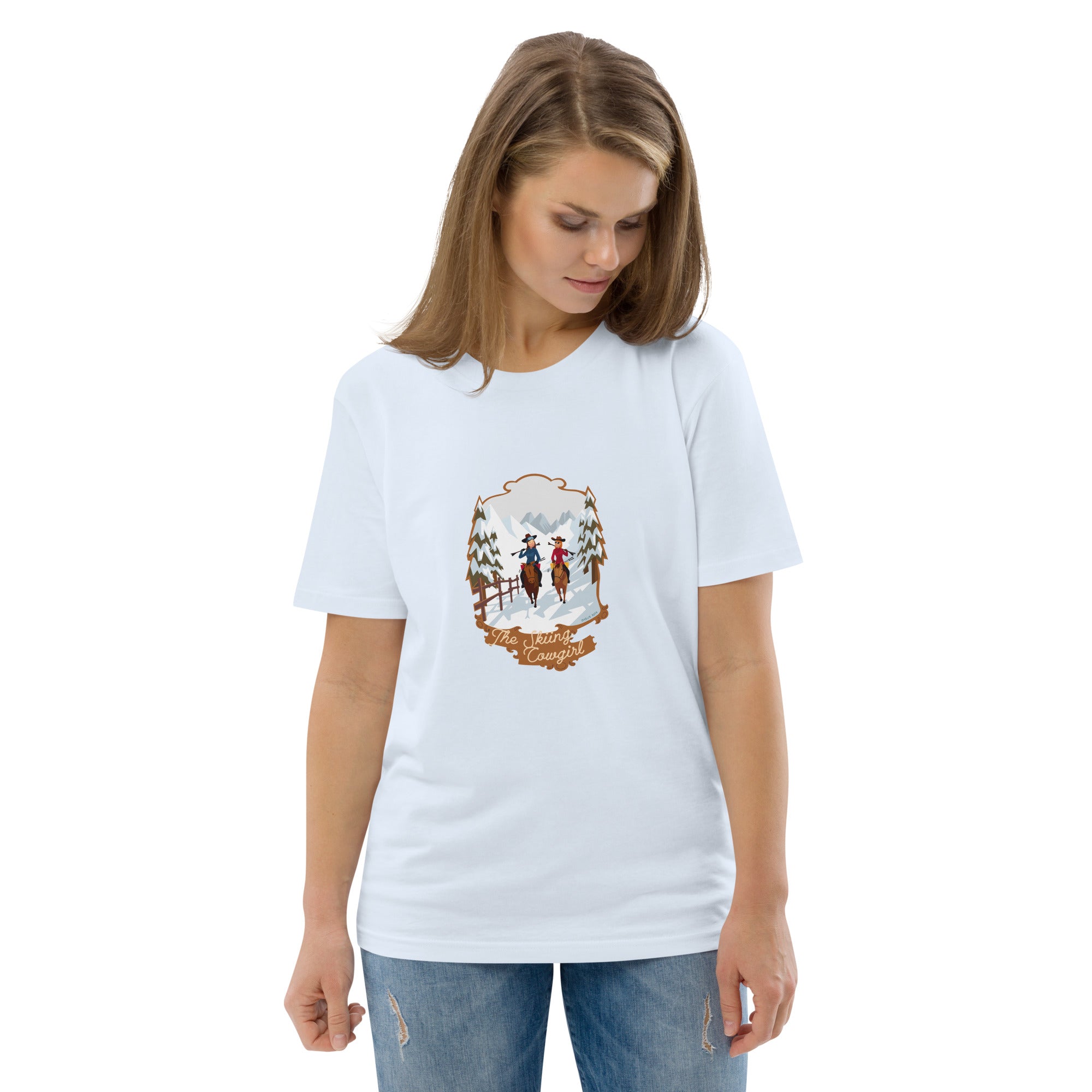 T-shirt unisexe en coton biologique The Skiing Cowgirl sur couleurs claires