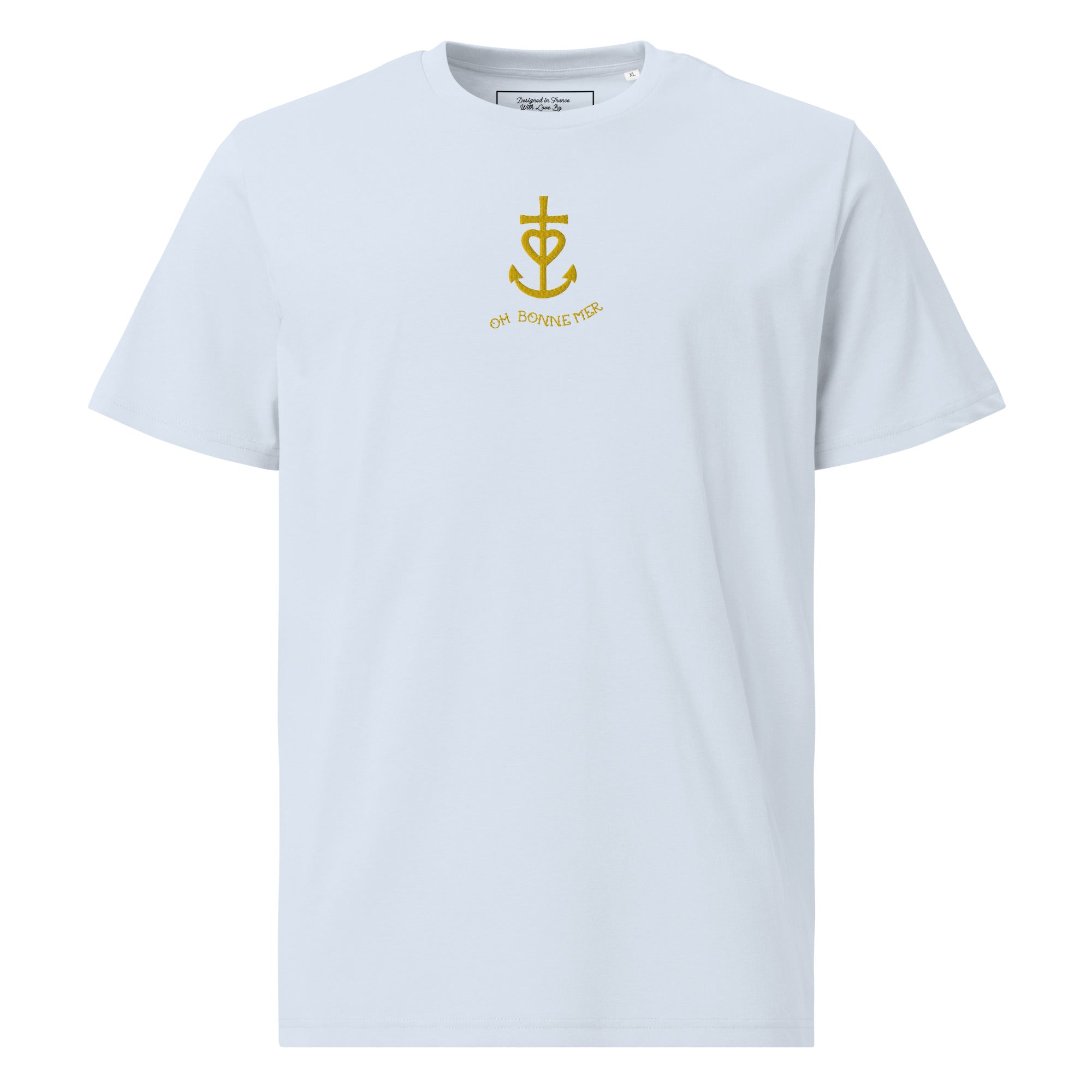 Unisex organic cotton t-shirt Croix de Camargue Gold embroidered pattern on light colors