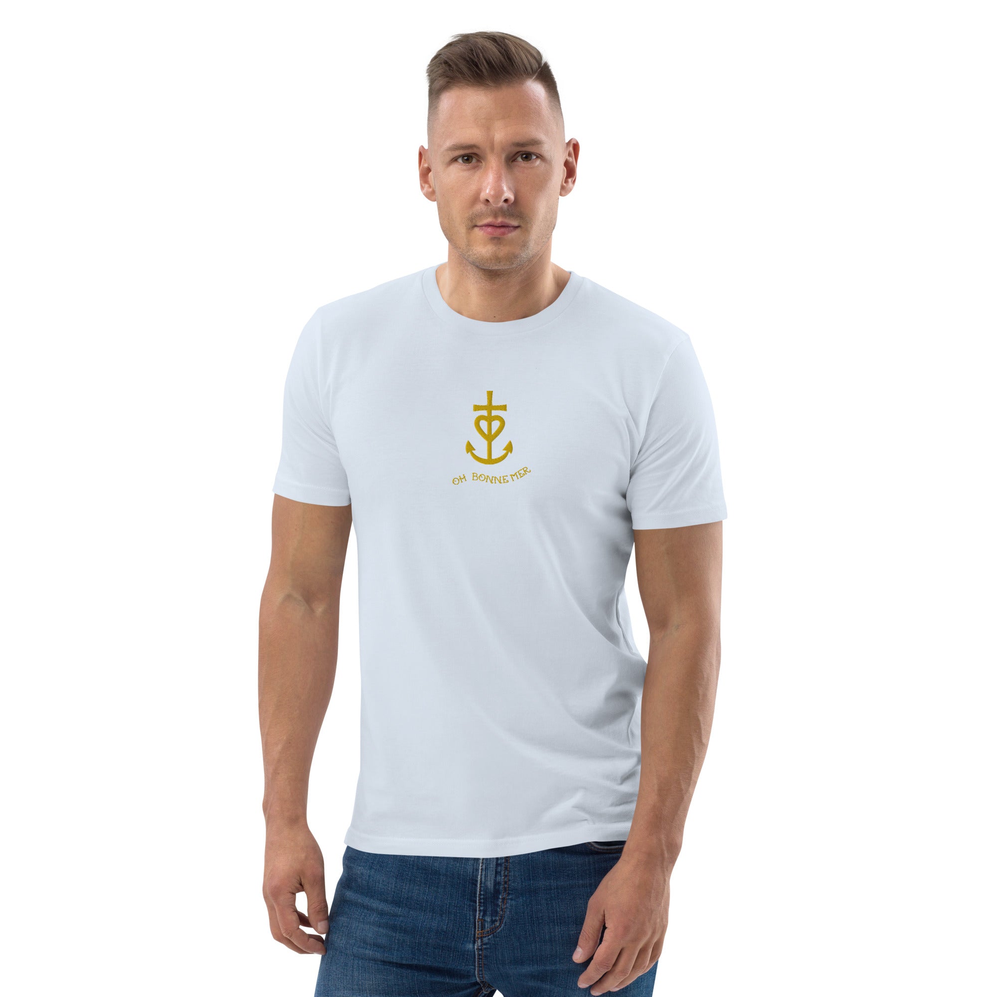 Unisex organic cotton t-shirt Croix de Camargue Gold embroidered pattern on light colors