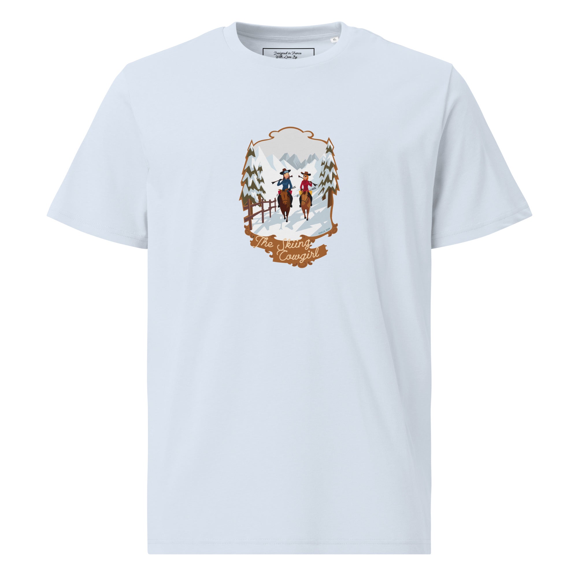 T-shirt unisexe en coton biologique The Skiing Cowgirl sur couleurs claires