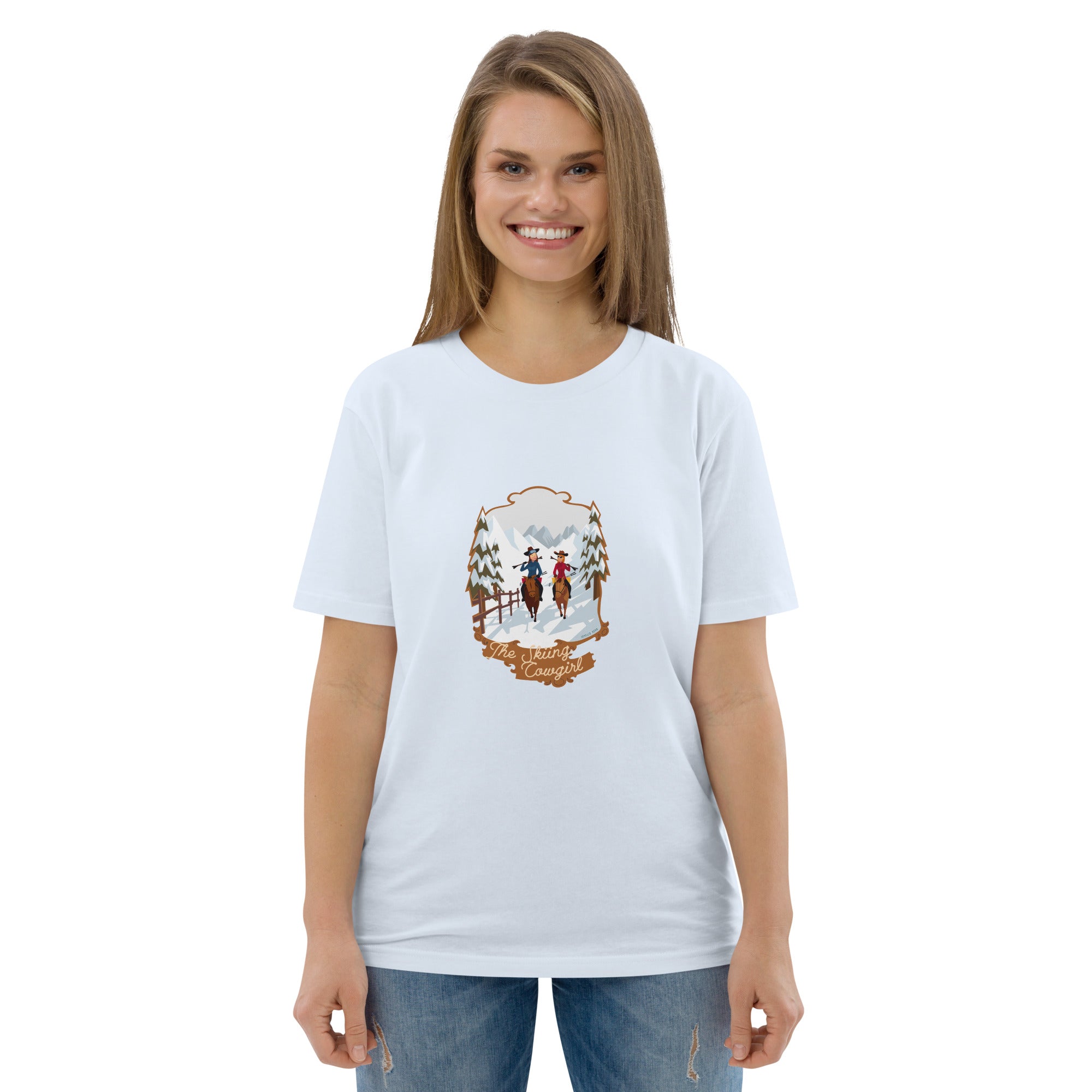 T-shirt unisexe en coton biologique The Skiing Cowgirl sur couleurs claires