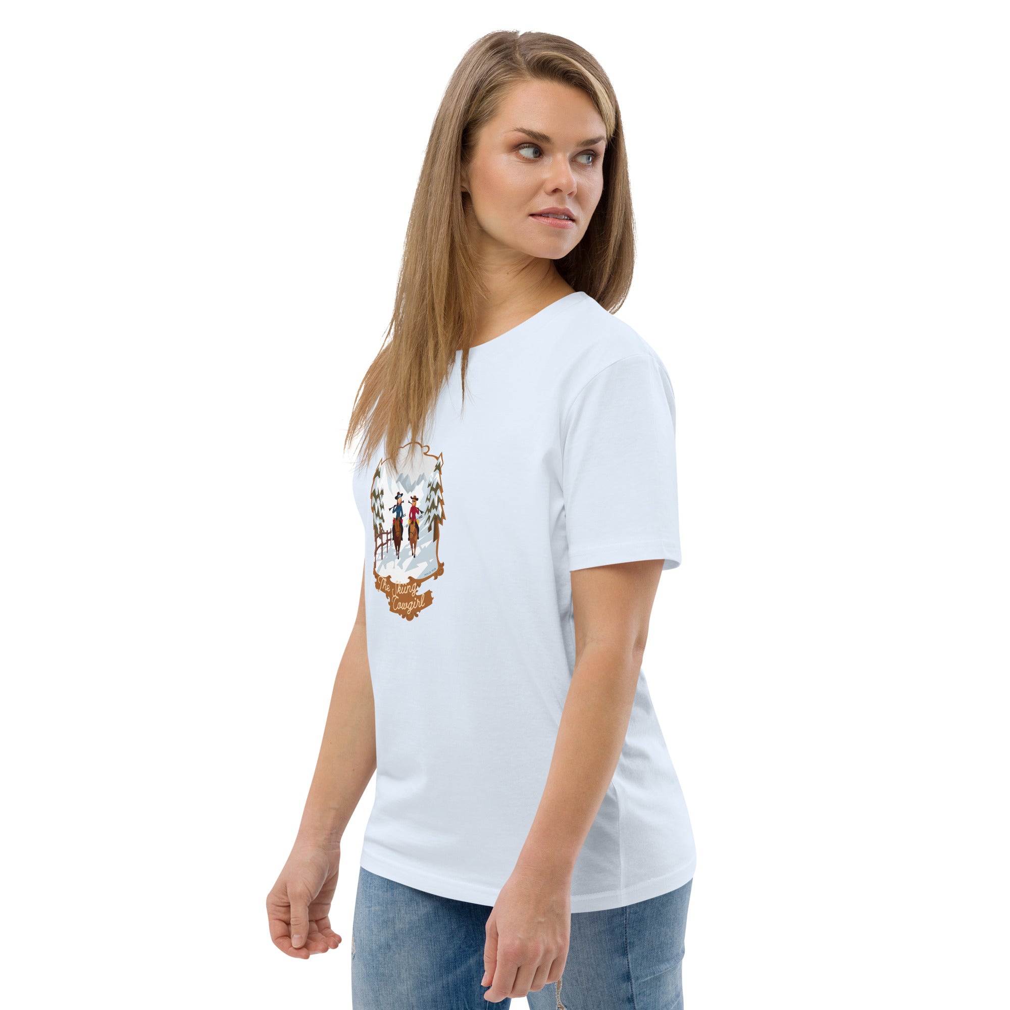 T-shirt unisexe en coton biologique The Skiing Cowgirl sur couleurs claires