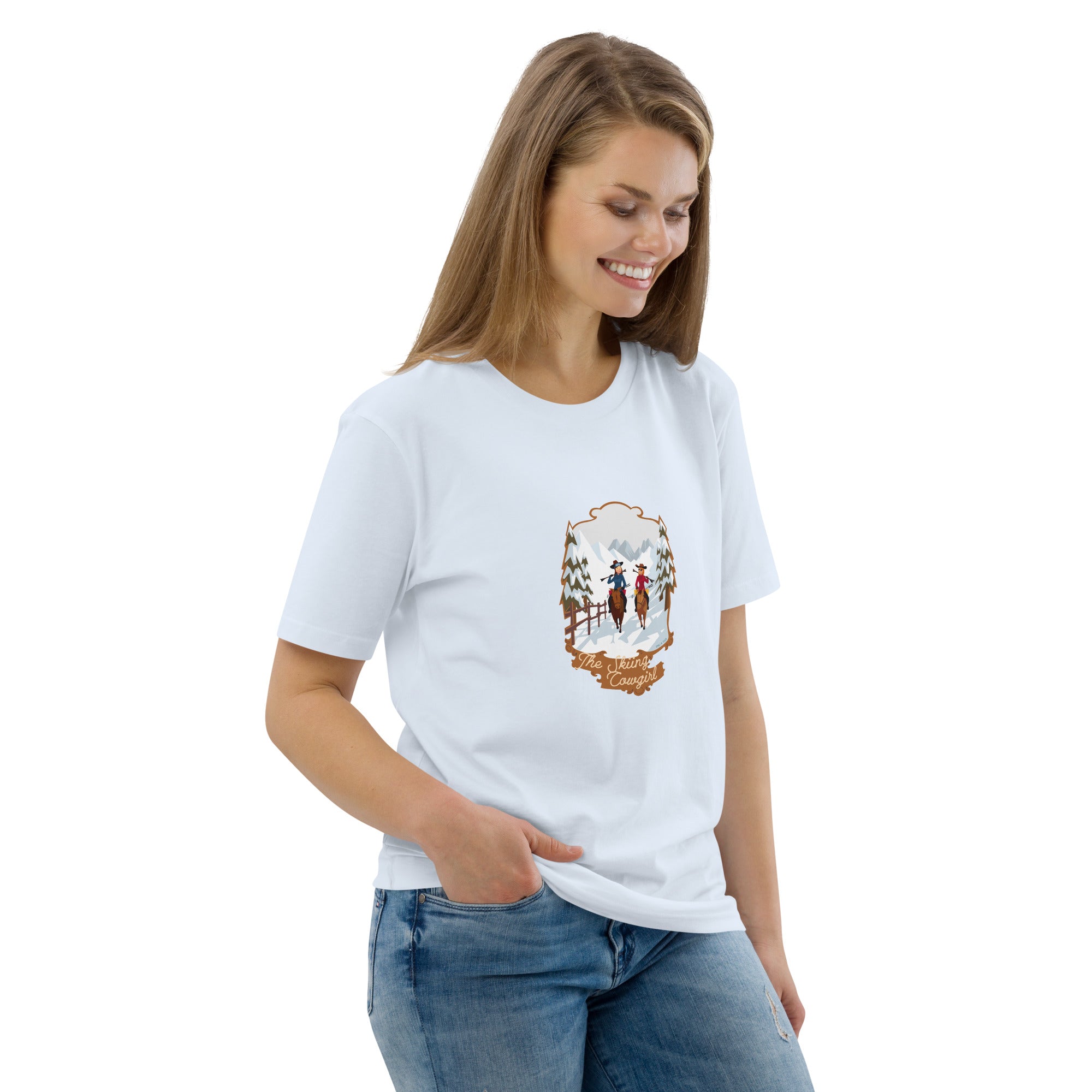 Unisex organic cotton t-shirt The Skiing Cowgirl on light colors