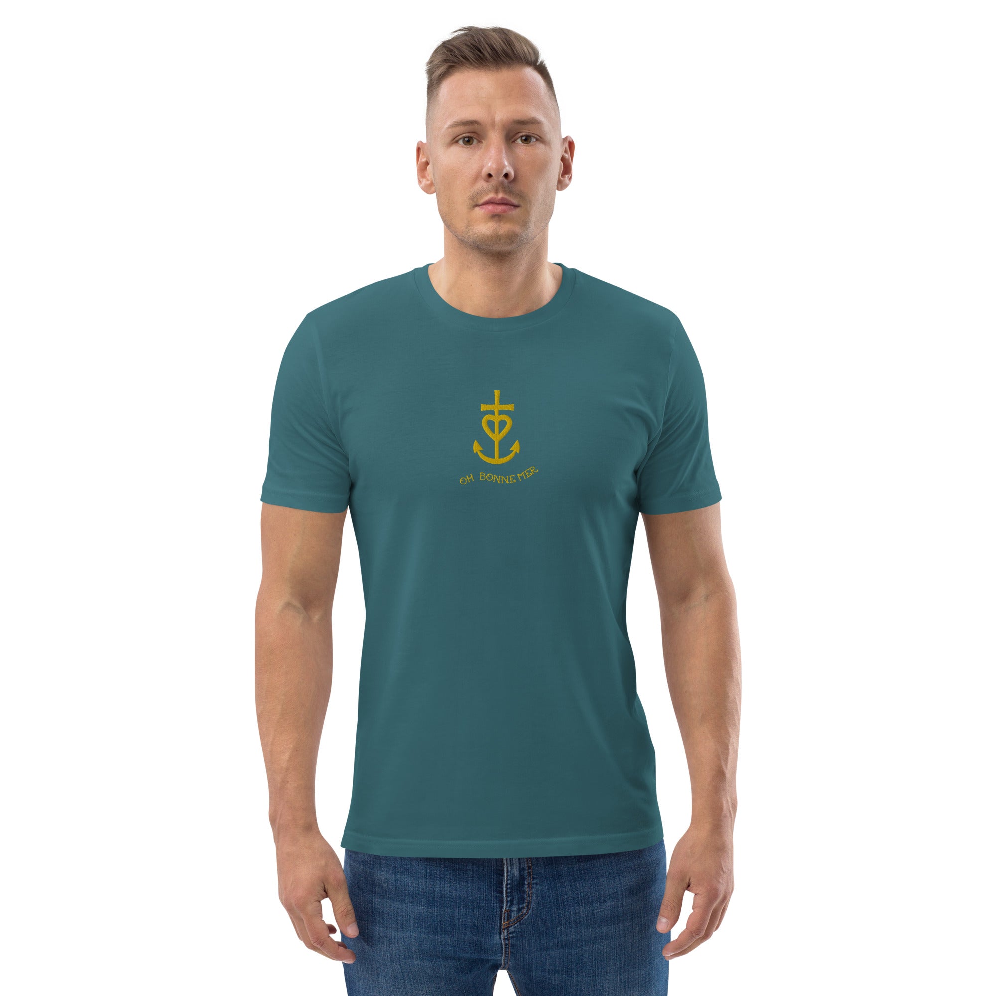 T-shirt unisexe en coton biologique Croix de Camargue dorée Oh Bonne mer brodé sur couleurs foncées