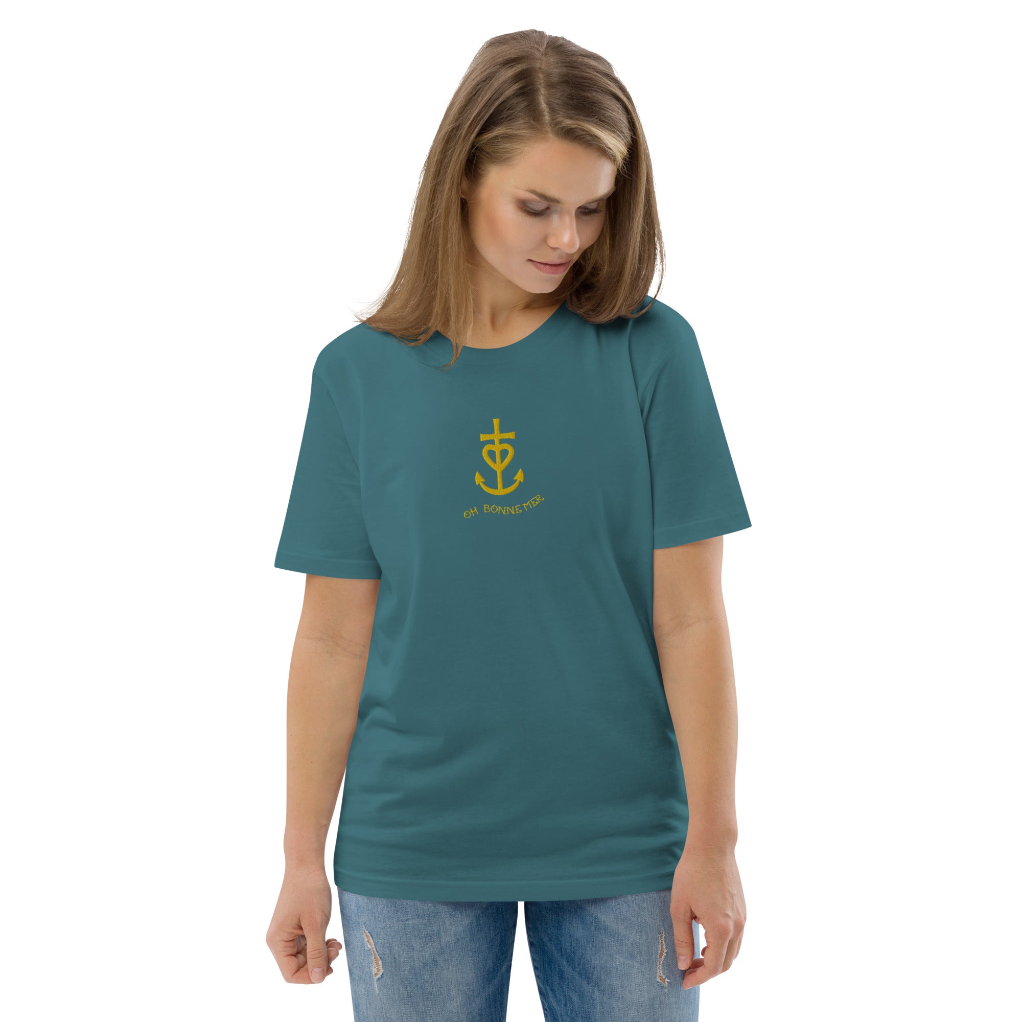 T-shirt unisexe en coton biologique Croix de Camargue dorée Oh Bonne mer brodé sur couleurs foncées