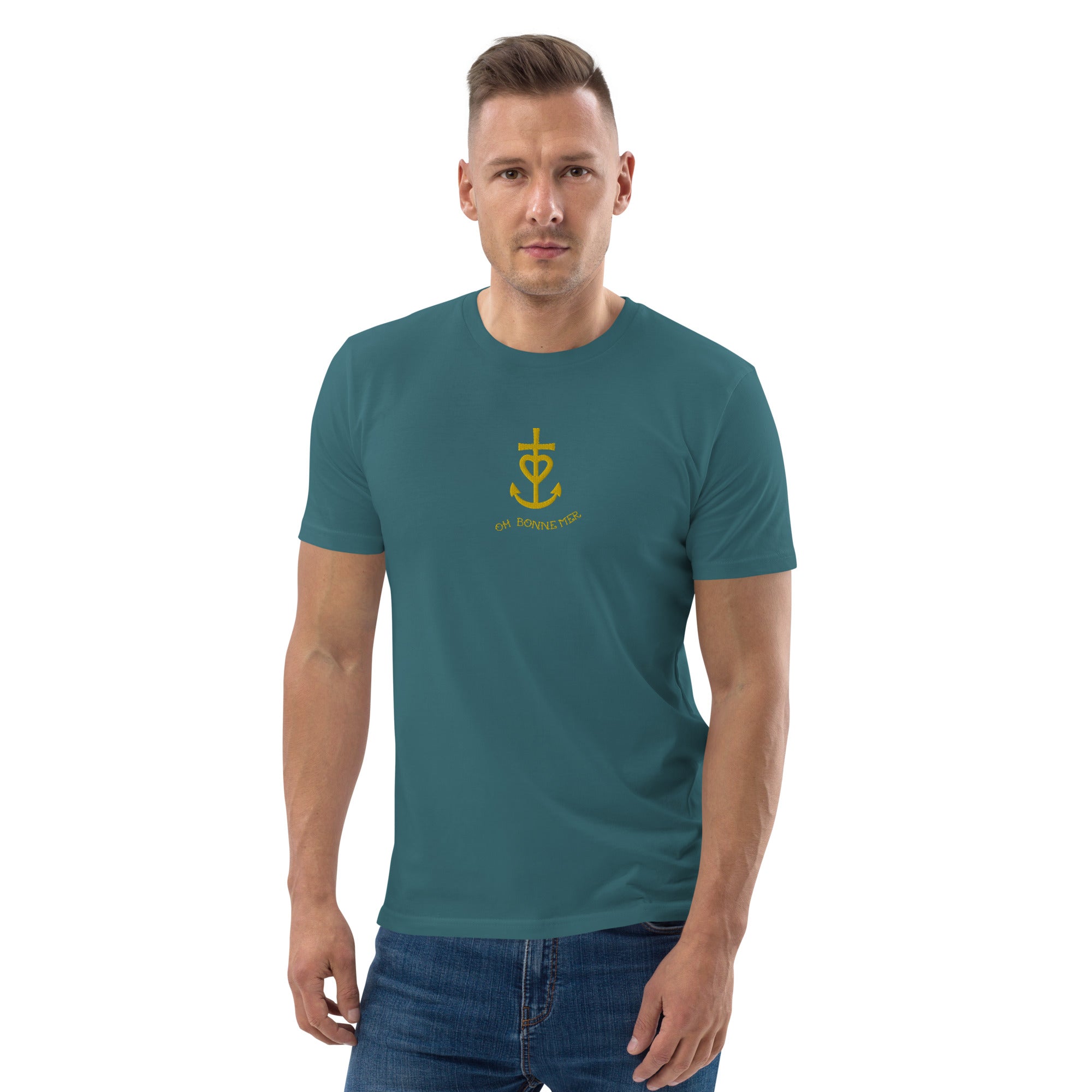 T-shirt unisexe en coton biologique Croix de Camargue dorée Oh Bonne mer brodé sur couleurs foncées