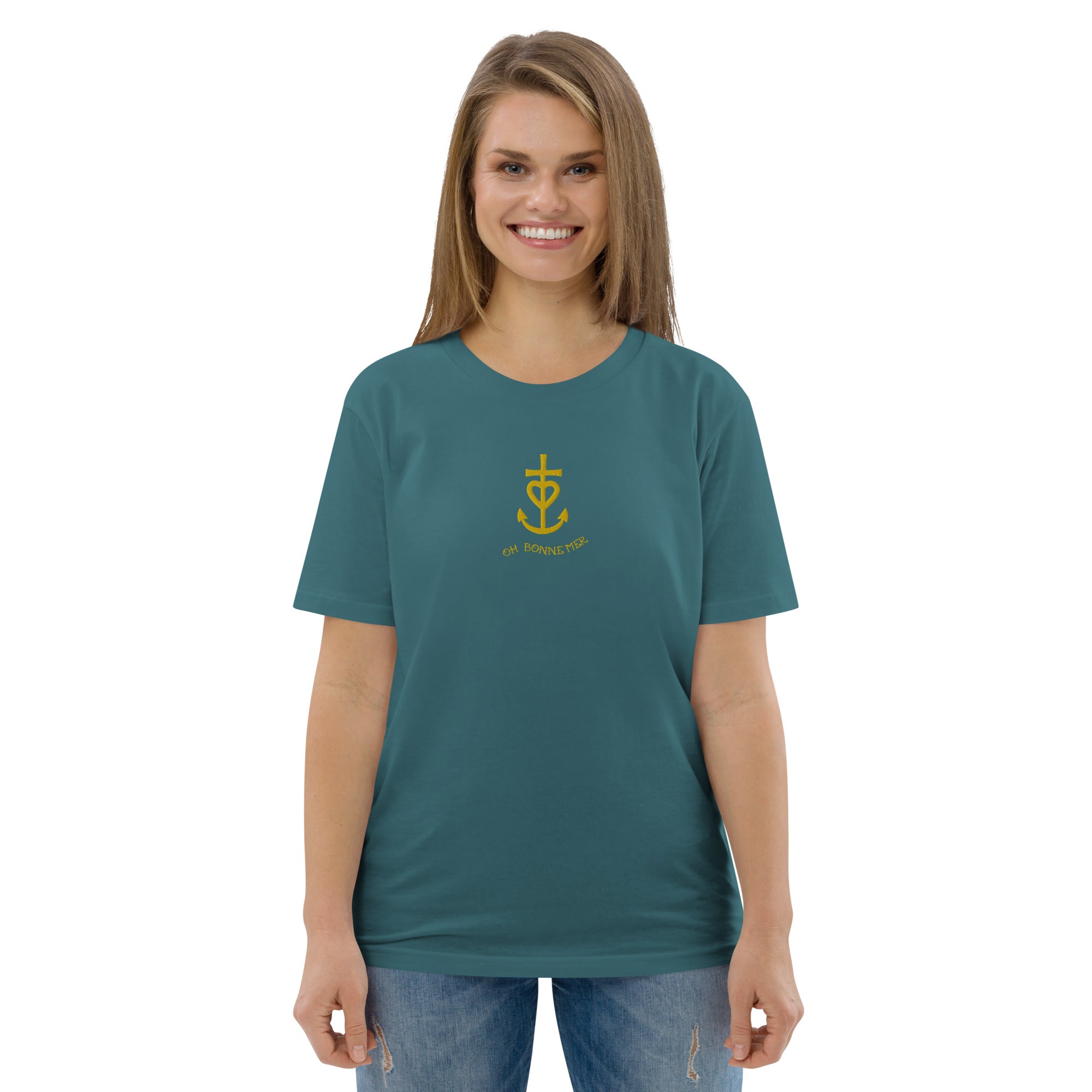 Unisex organic cotton t-shirt Croix de Camargue Gold embroidered pattern on dark colors