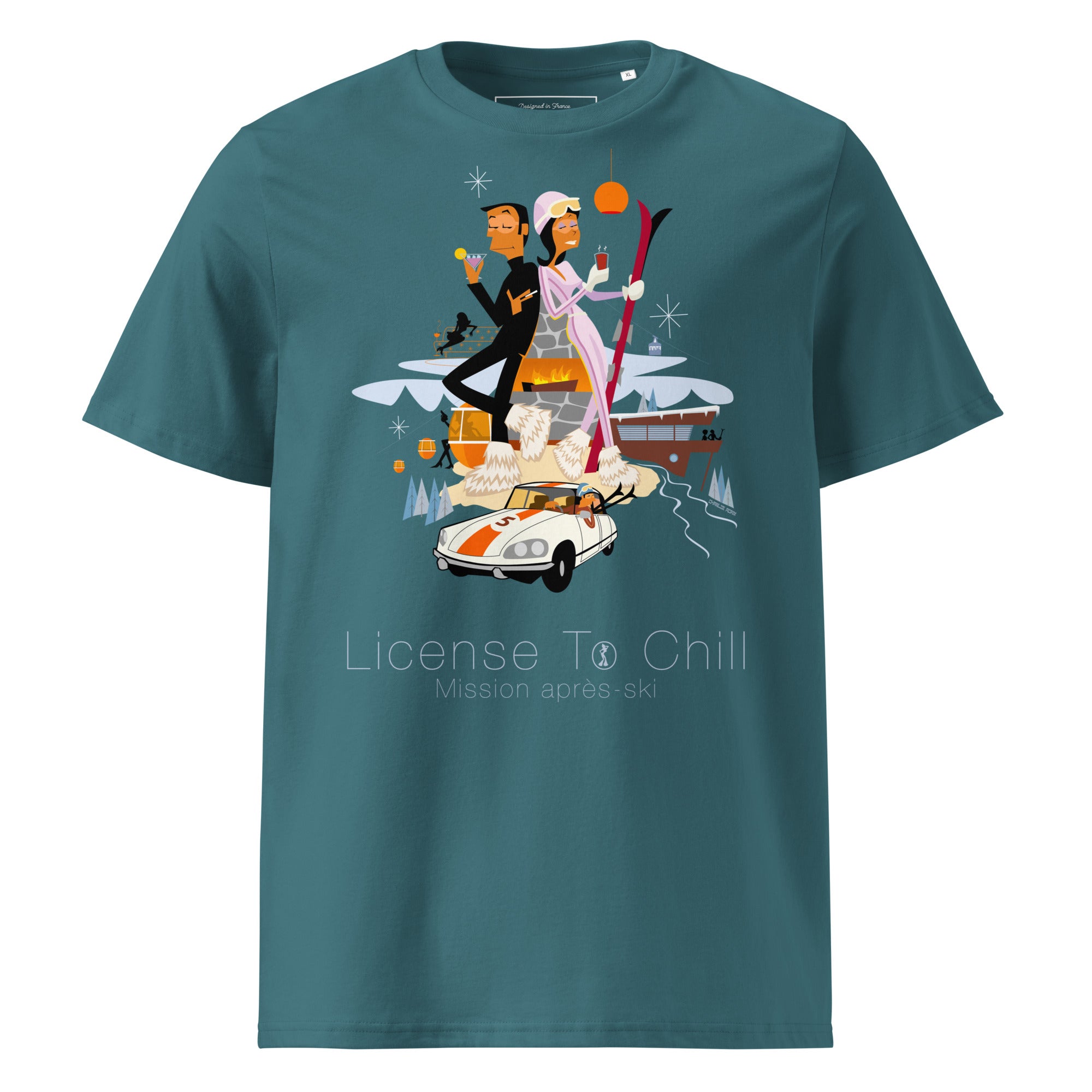 T-shirt unisexe en coton biologique License To Chill Mission Après-Ski sur couleurs foncées