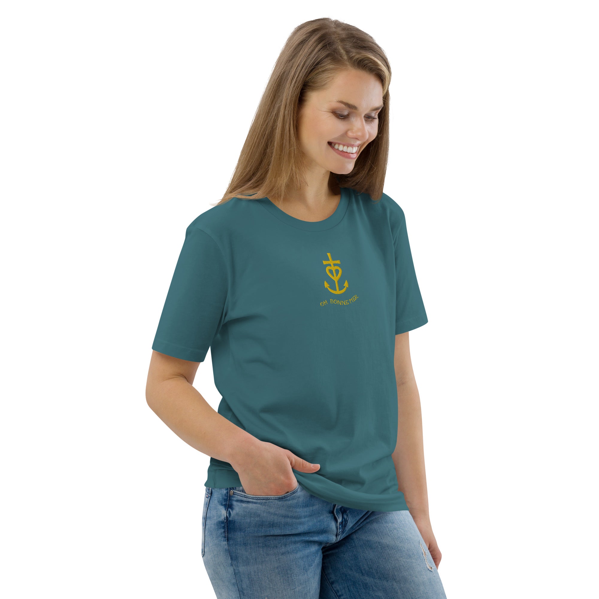 Unisex organic cotton t-shirt Croix de Camargue Gold embroidered pattern on dark colors