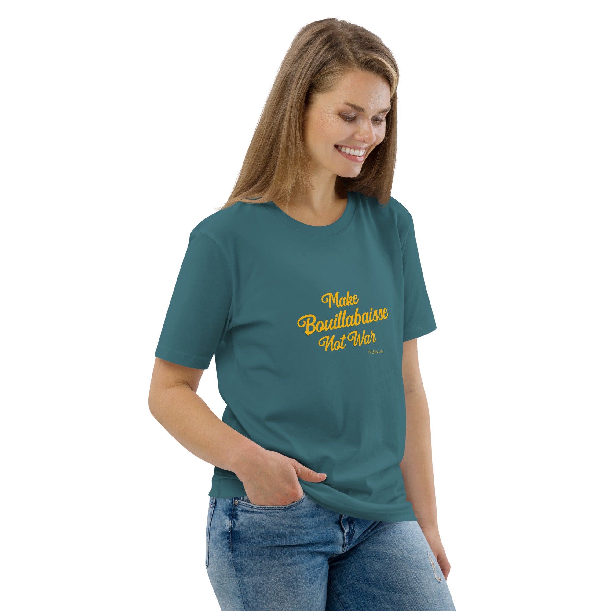 T-shirt unisexe en coton biologique Make Bouillabaisse Not War Gold sur couleurs foncées