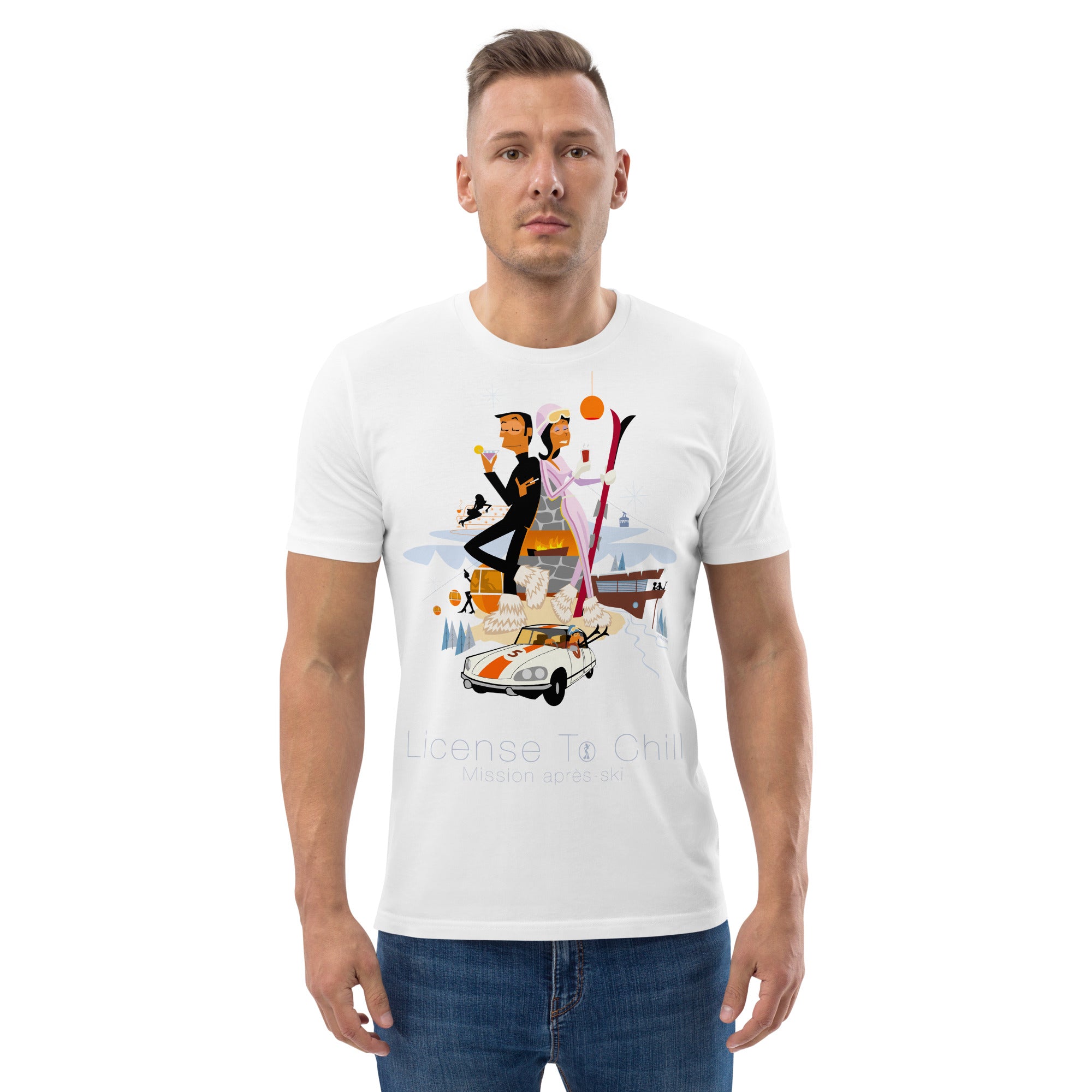 T-shirt unisexe en coton biologique License To Chill Mission Après-Ski sur couleurs claires