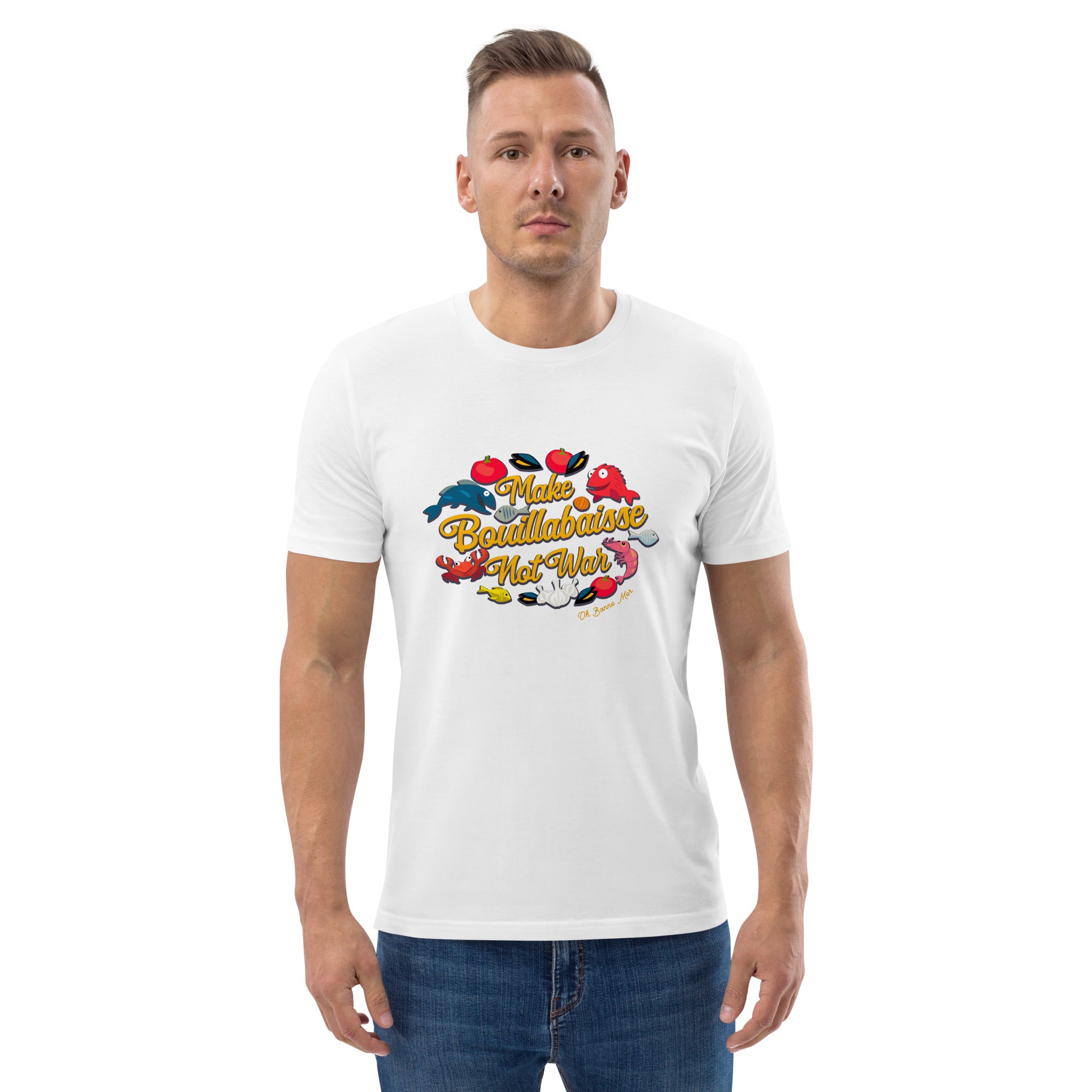 T-shirt unisexe en coton biologique Make Bouillabaisse Not War sur couleurs claires