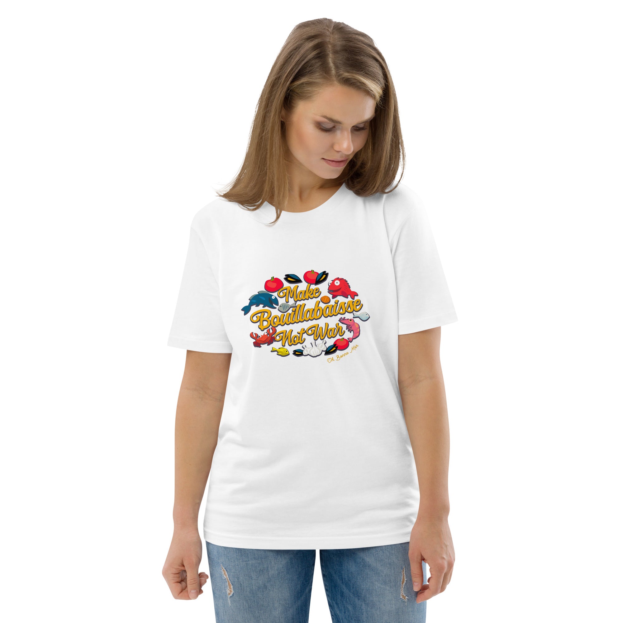 T-shirt unisexe en coton biologique Make Bouillabaisse Not War sur couleurs claires