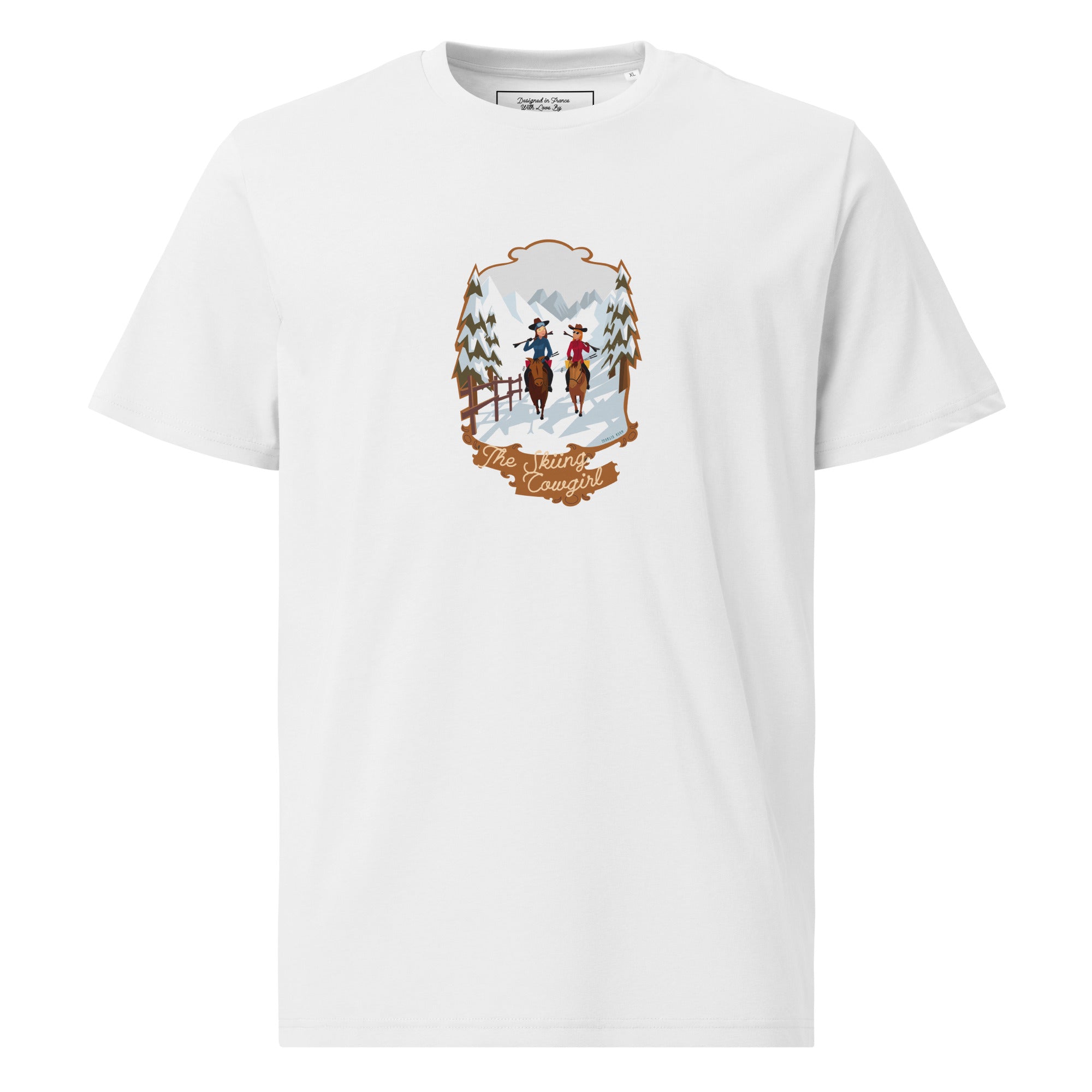 T-shirt unisexe en coton biologique The Skiing Cowgirl sur couleurs claires