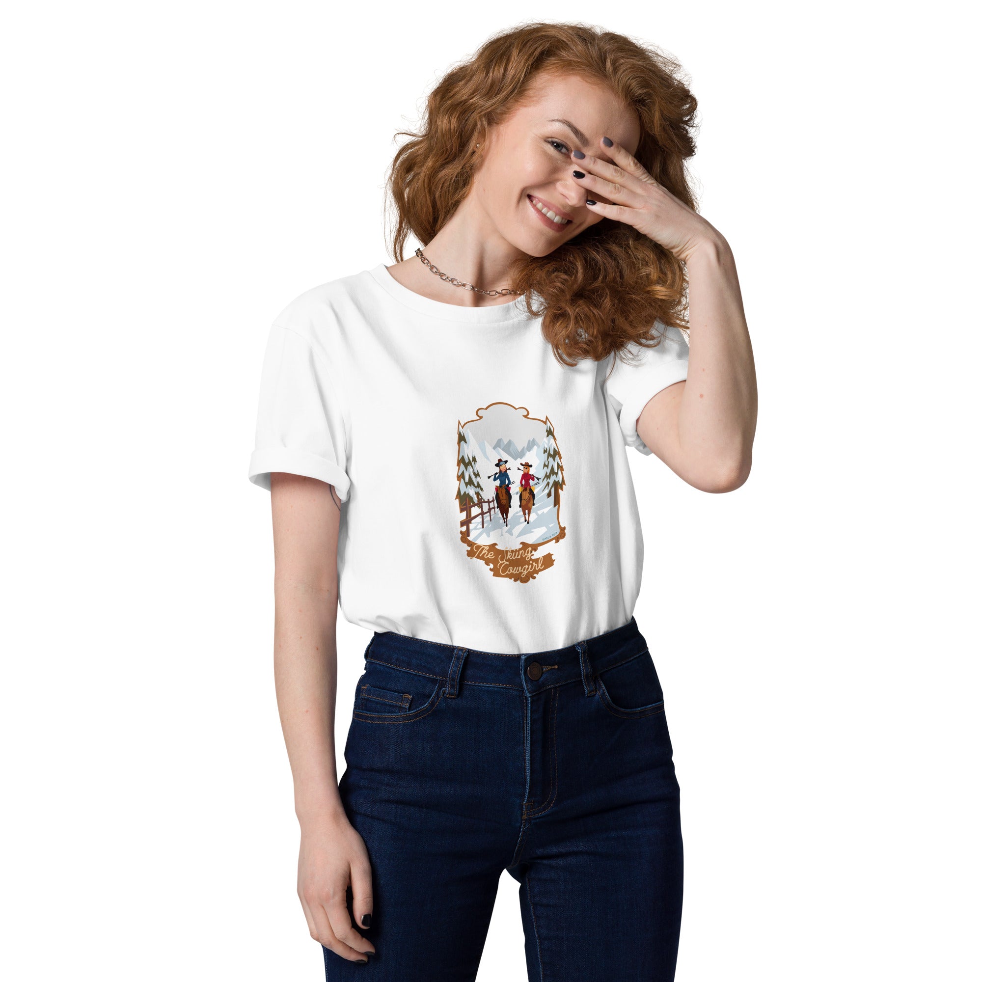 T-shirt unisexe en coton biologique The Skiing Cowgirl sur couleurs claires