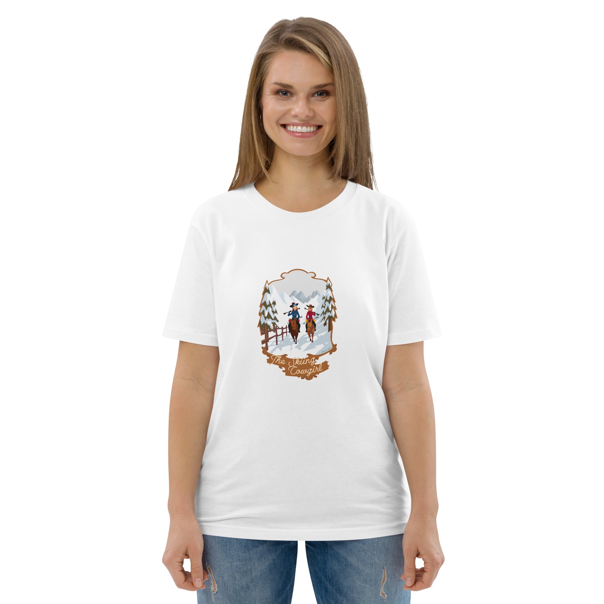 T-shirt unisexe en coton biologique The Skiing Cowgirl sur couleurs claires