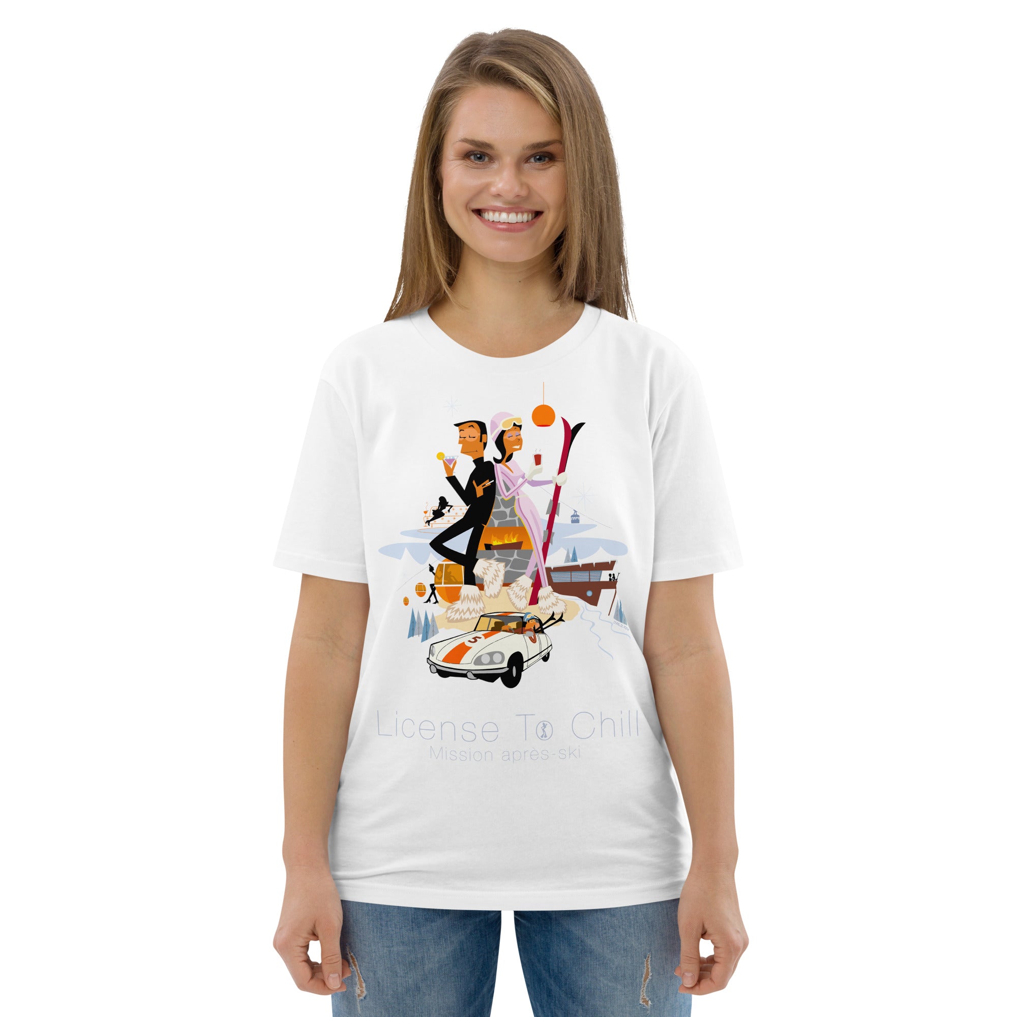 T-shirt unisexe en coton biologique License To Chill Mission Après-Ski sur couleurs claires