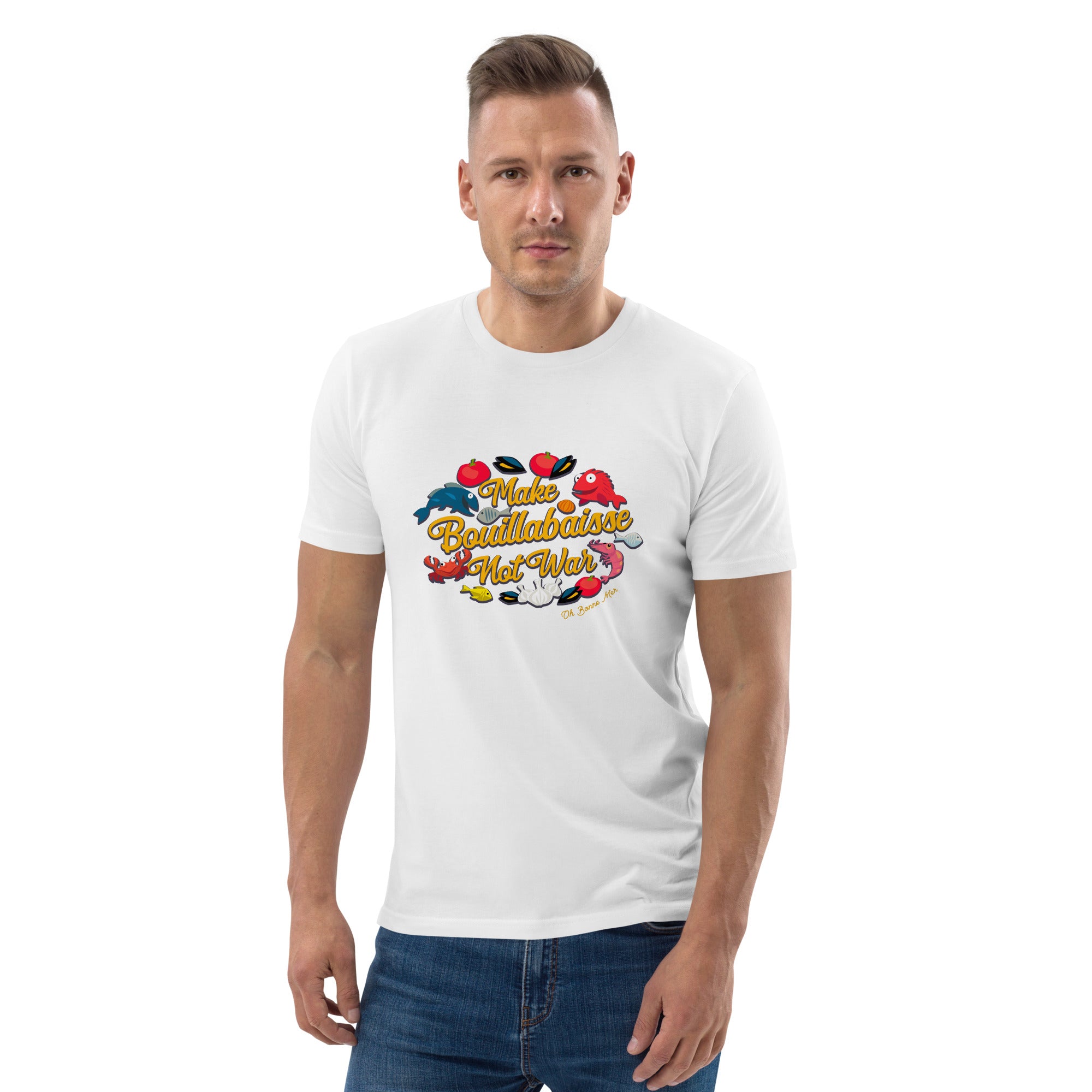 T-shirt unisexe en coton biologique Make Bouillabaisse Not War sur couleurs claires