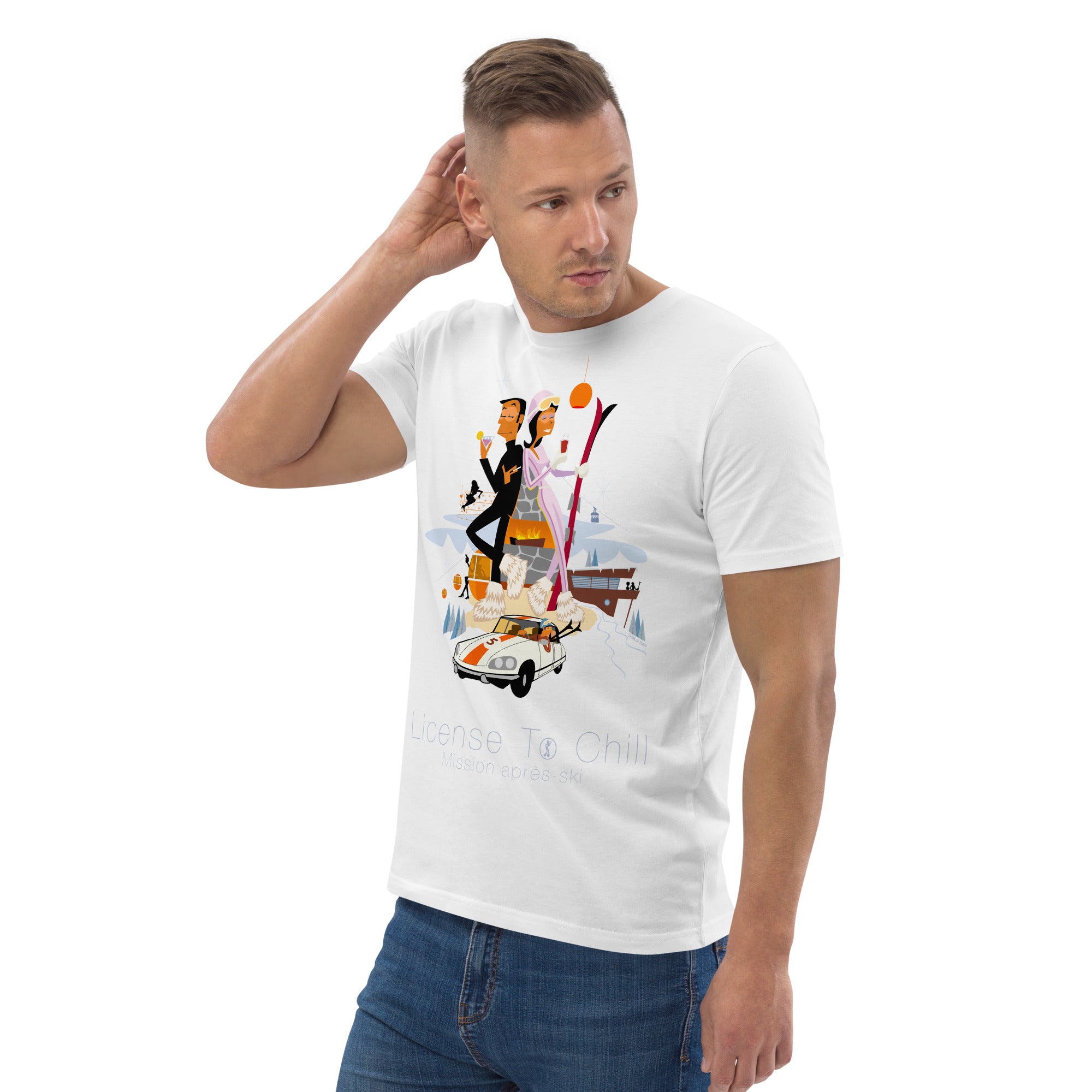 T-shirt unisexe en coton biologique License To Chill Mission Après-Ski sur couleurs claires