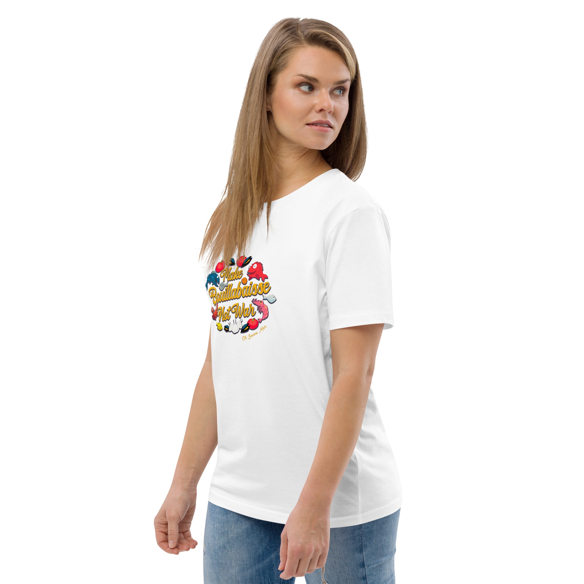 T-shirt unisexe en coton biologique Make Bouillabaisse Not War sur couleurs claires