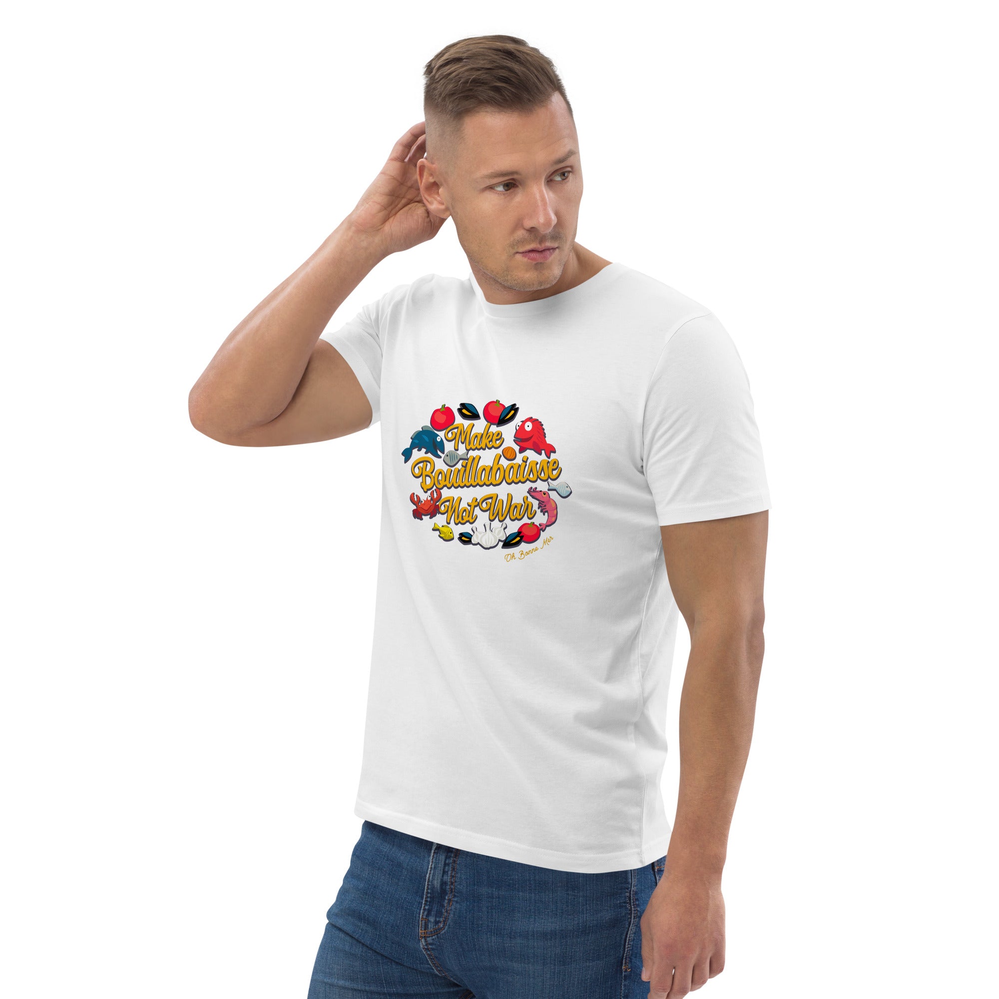 T-shirt unisexe en coton biologique Make Bouillabaisse Not War sur couleurs claires