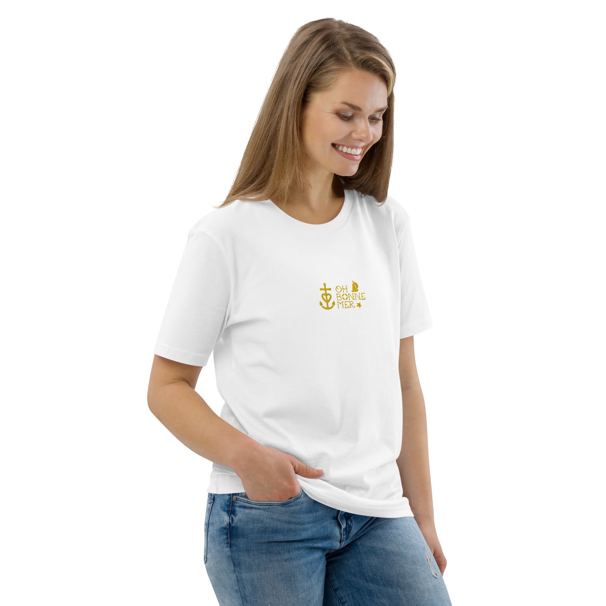 Unisex organic cotton t-shirt Oh Bonne Mer 2 embroidered pattern on light colors