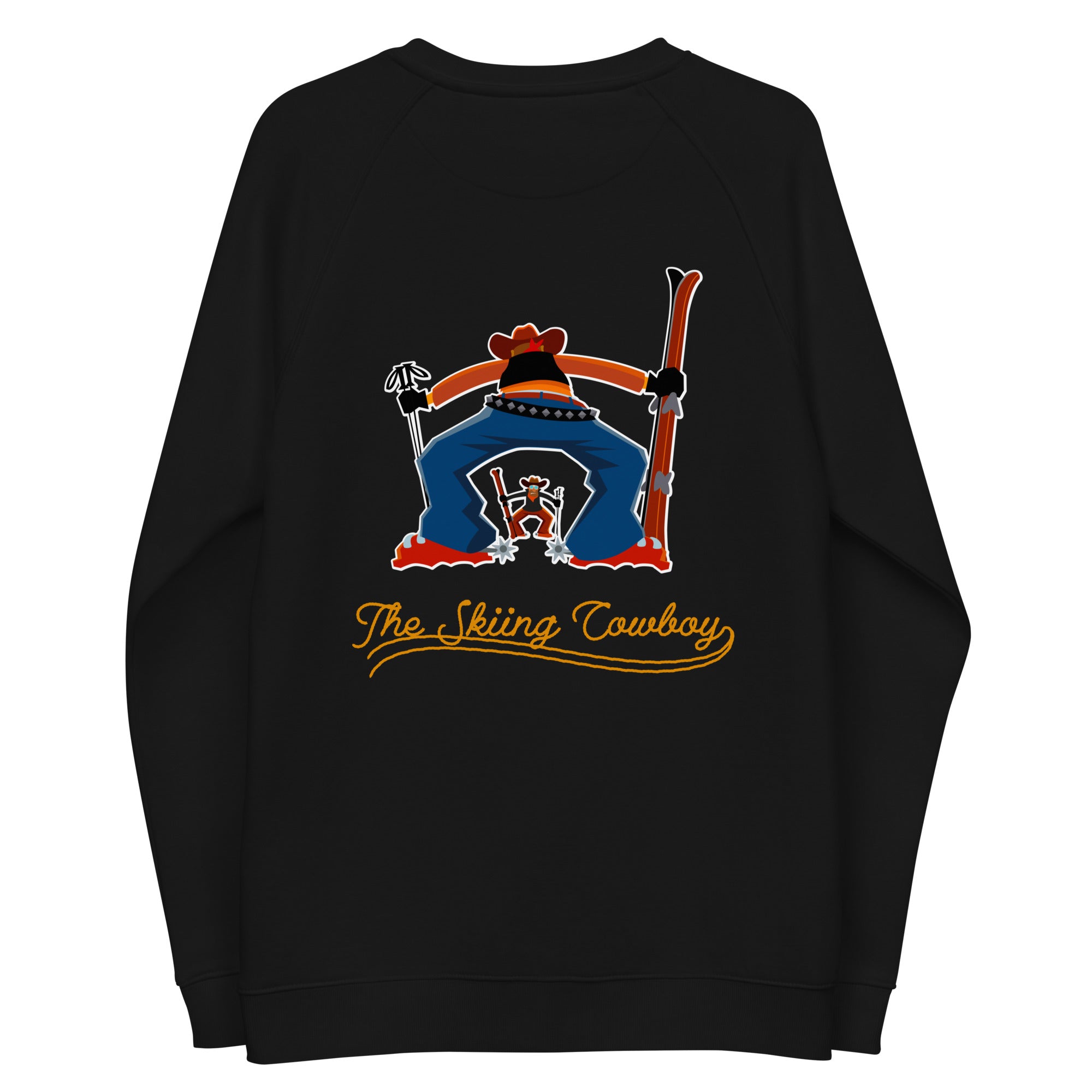 Unisex organic raglan sweatshirt Skiing Cowboy large embroidered pattern & Ski Fight at OK Corral Outline (dos)