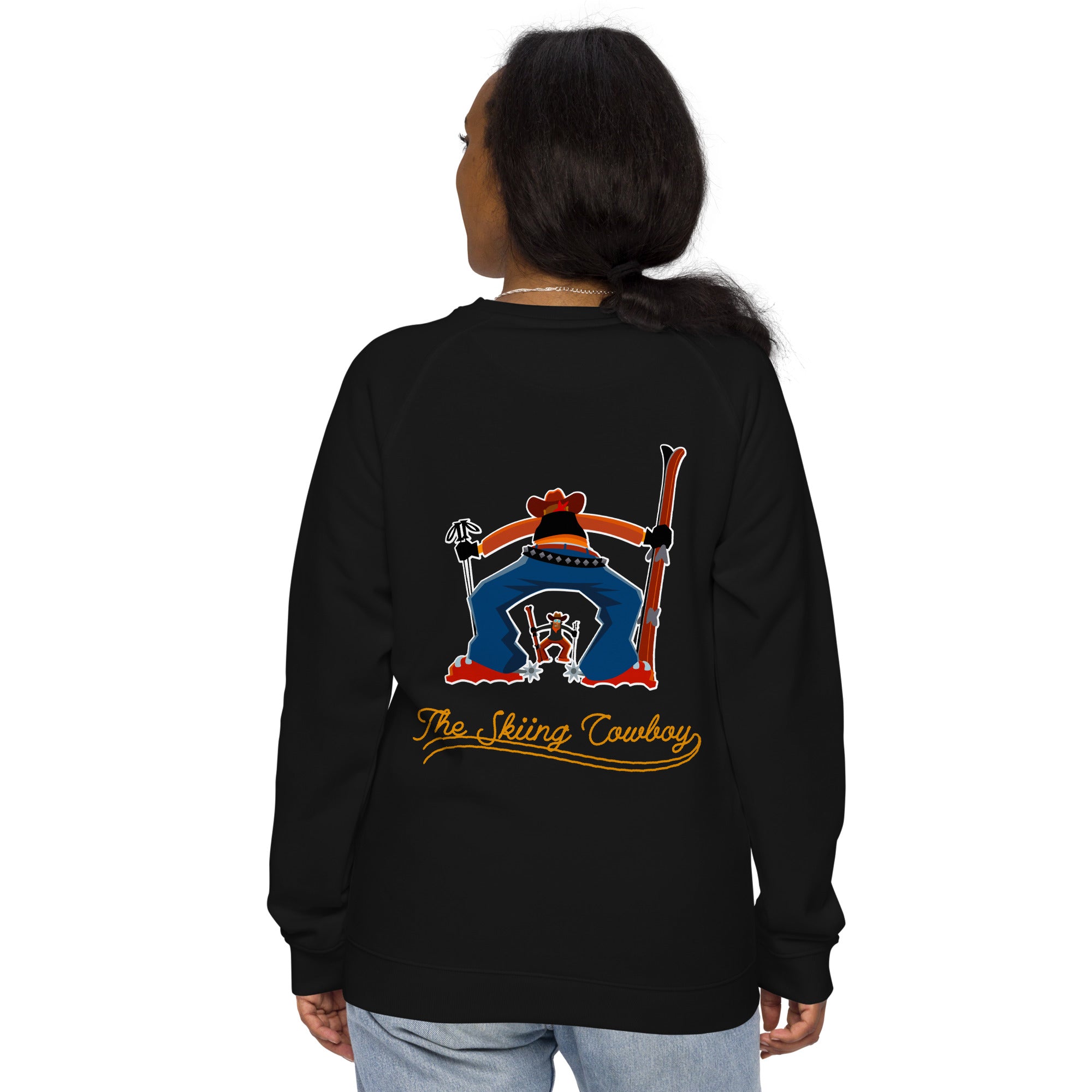 Unisex organic raglan sweatshirt Skiing Cowboy large embroidered pattern & Ski Fight at OK Corral Outline (dos)