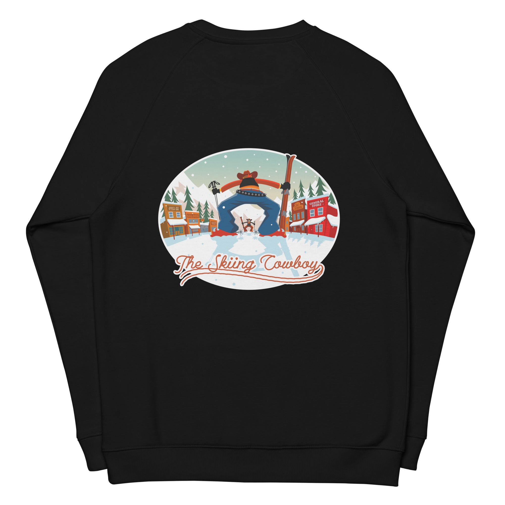 Unisex organic raglan sweatshirt Ski Fight at OK Corral (front & back)