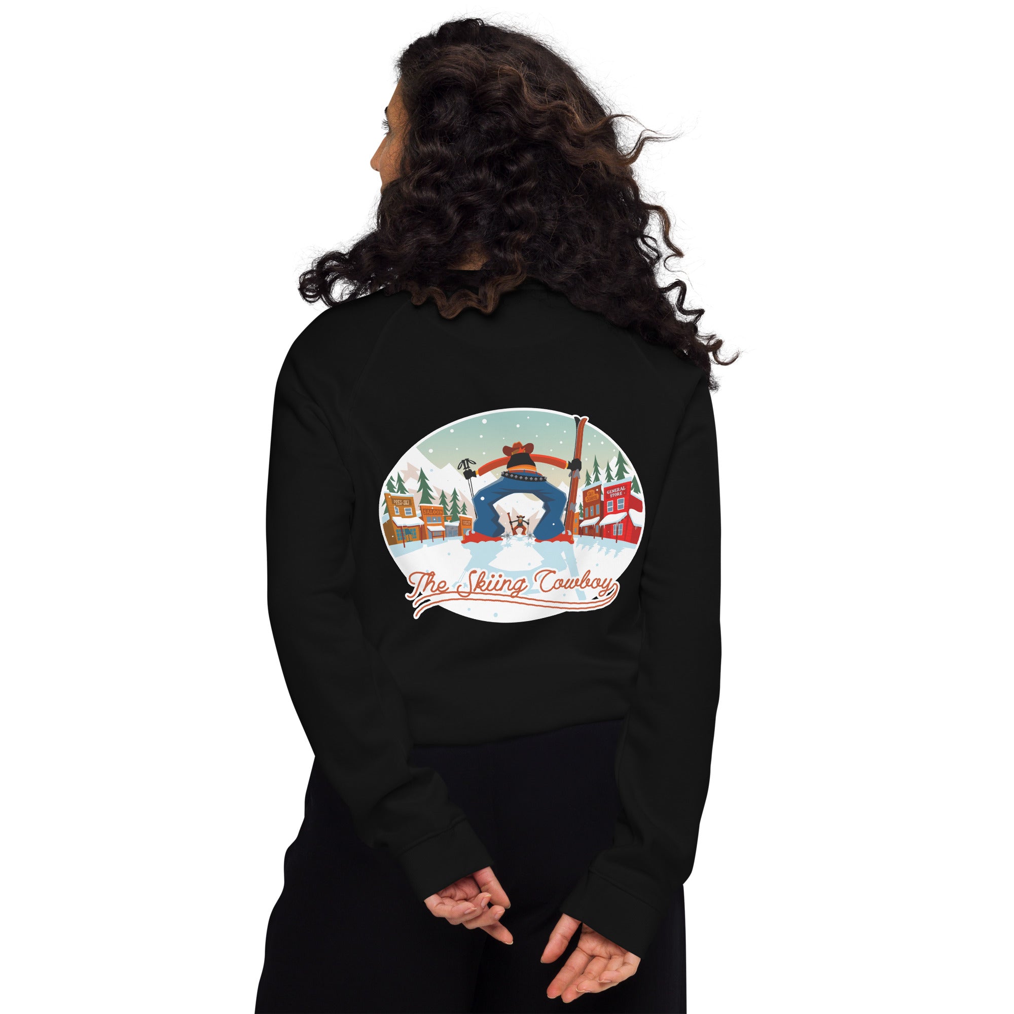 Unisex organic raglan sweatshirt Ski Fight at OK Corral (front & back)