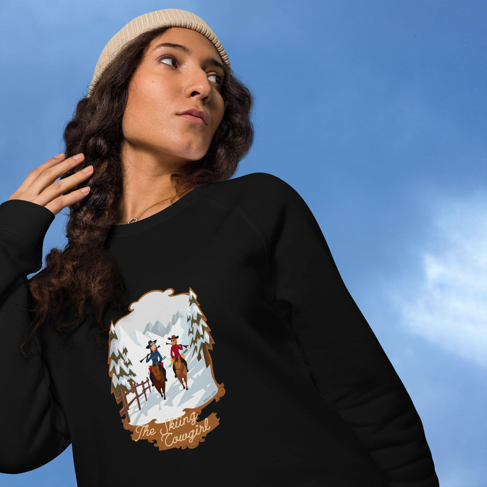 Unisex organic raglan sweatshirt The Skiing Cowgirl