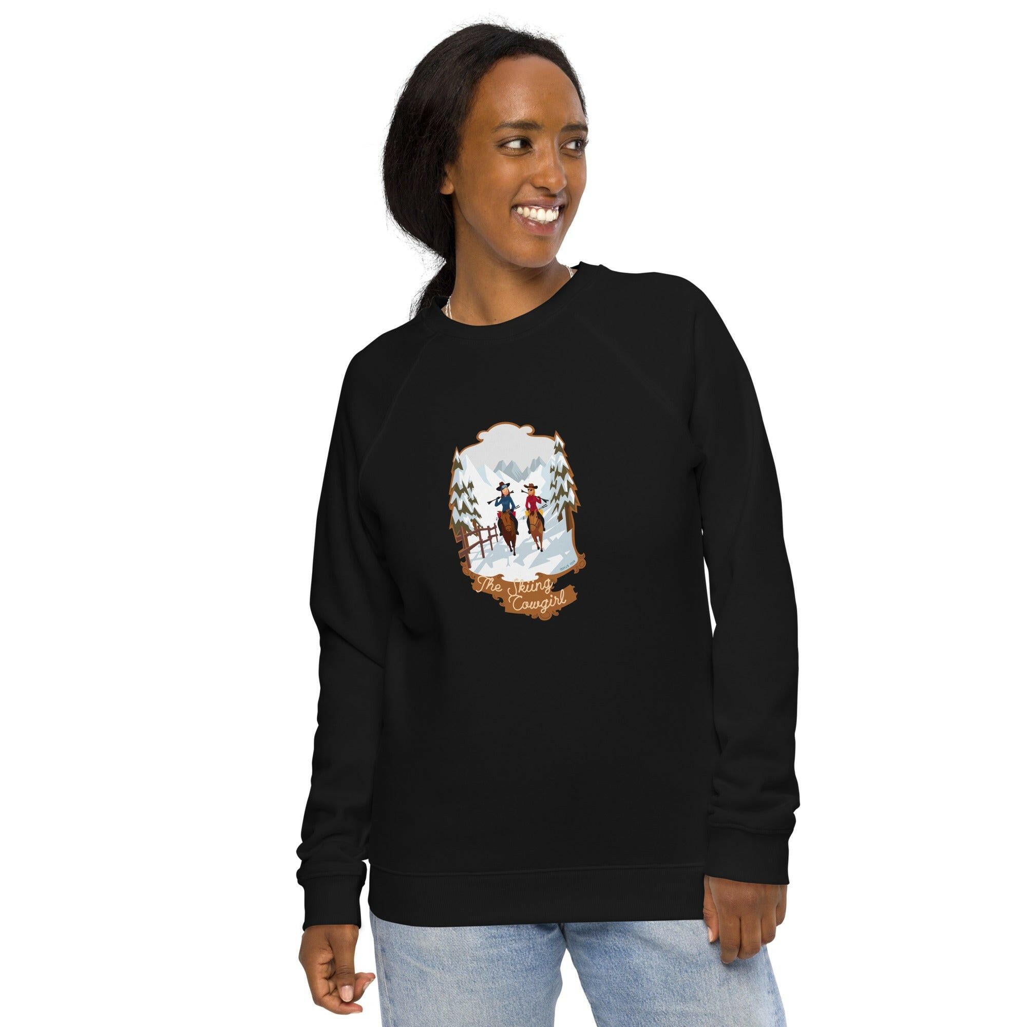 Unisex organic raglan sweatshirt The Skiing Cowgirl