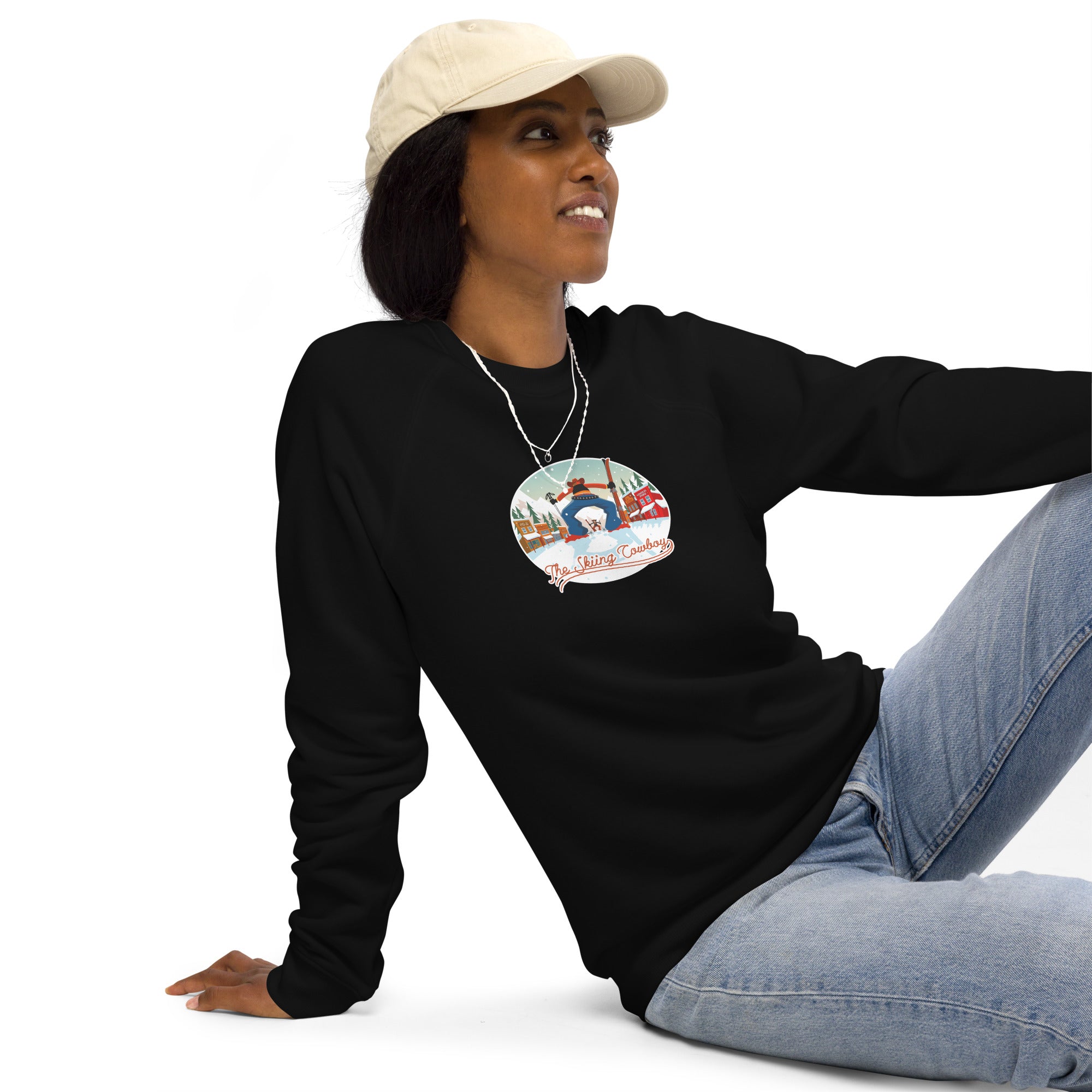 Unisex organic raglan sweatshirt Ski Fight at OK Corral (front & back)