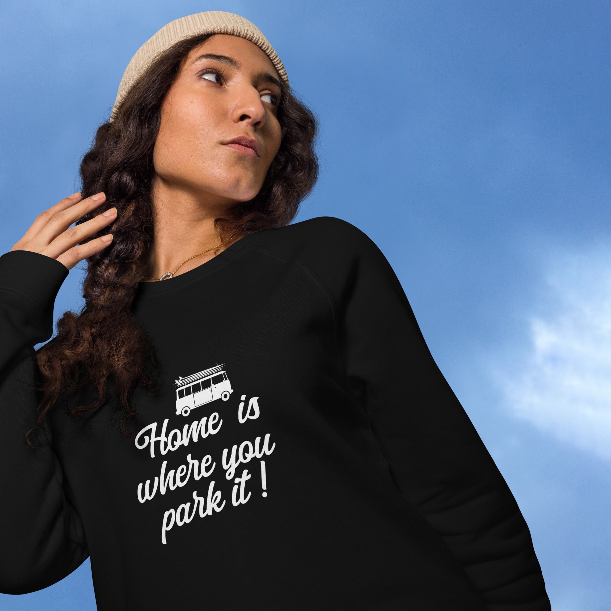 Sweatshirt écologique raglan unisexe White Surf Combi Home is where you park it