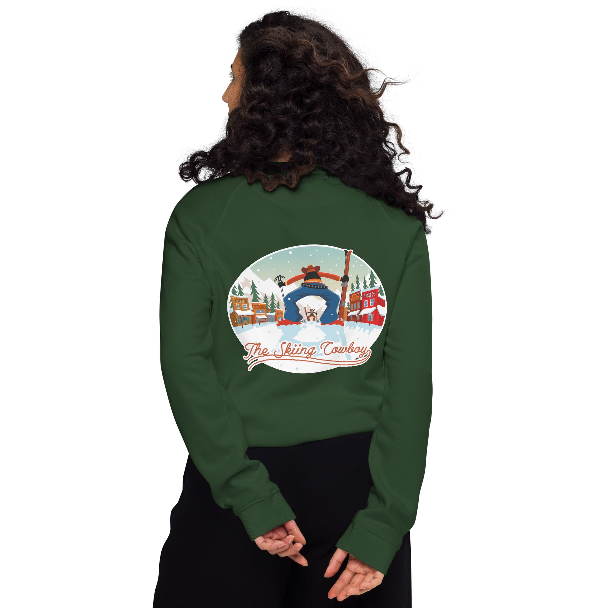 Unisex organic raglan sweatshirt Ski Fight at OK Corral (front & back)