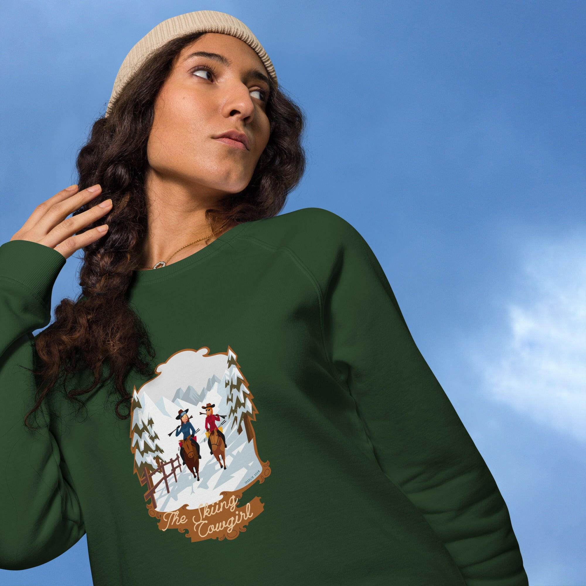 Unisex organic raglan sweatshirt The Skiing Cowgirl