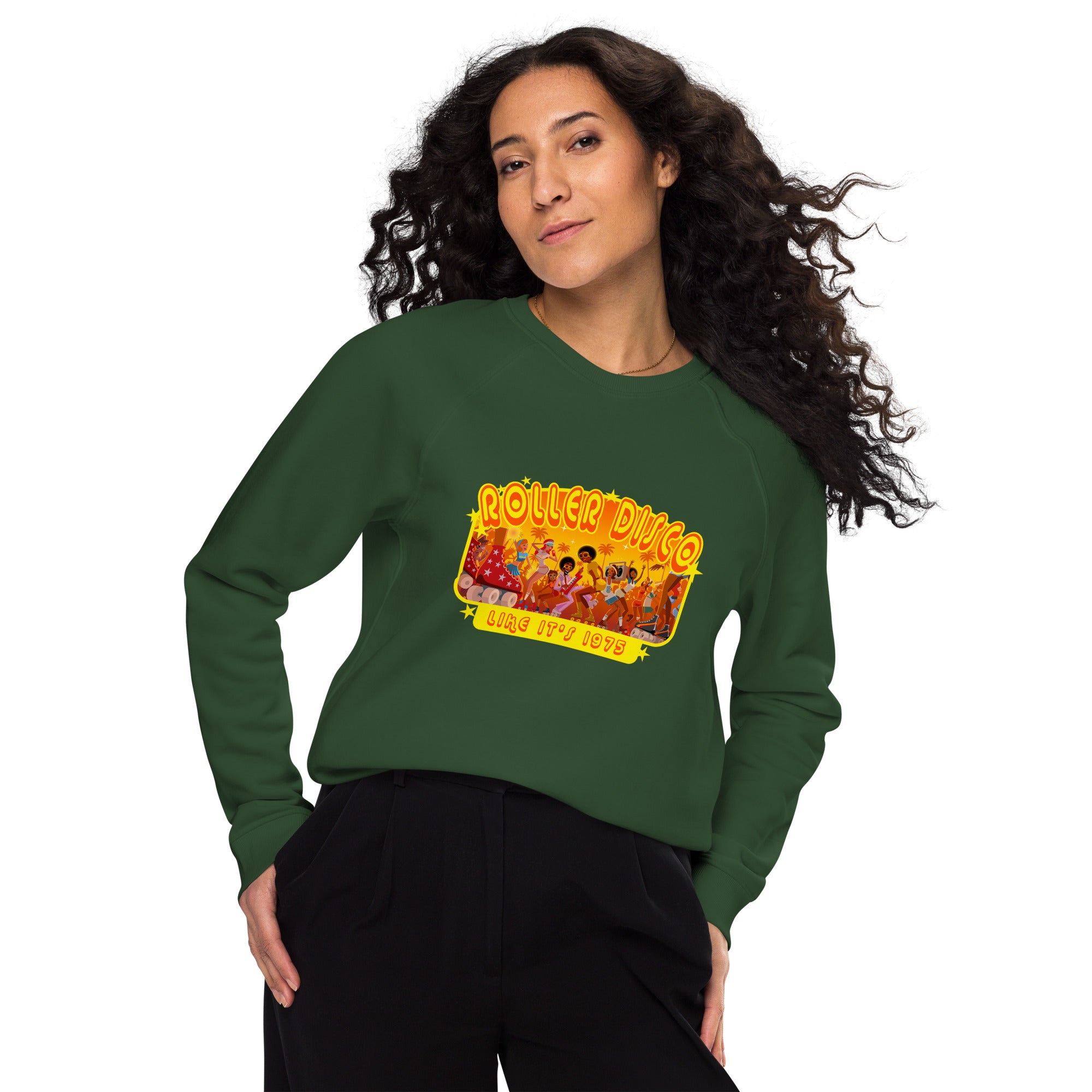 Unisex organic raglan sweatshirt Roller Disco 1975