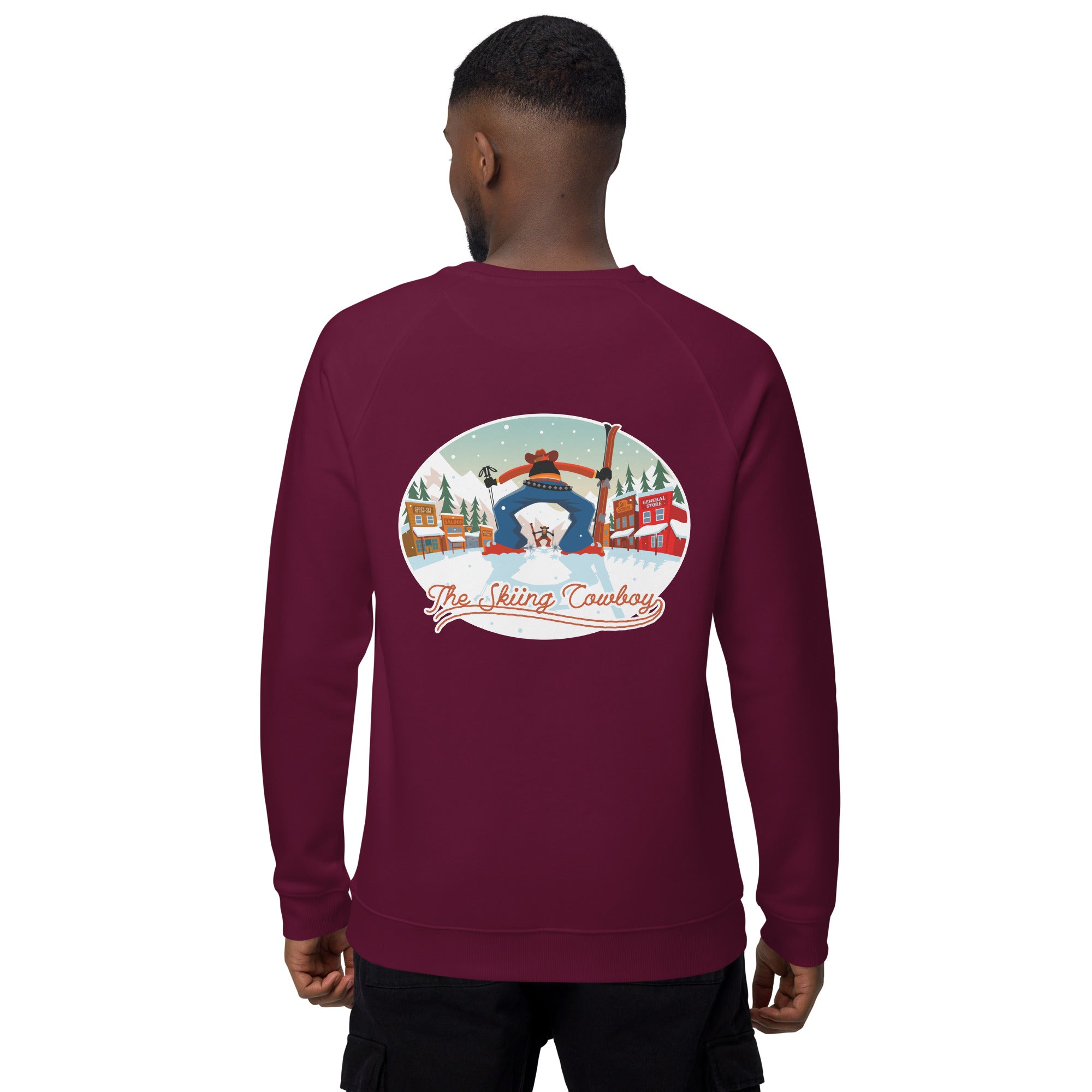 Unisex organic raglan sweatshirt Ski Fight at OK Corral (front & back)