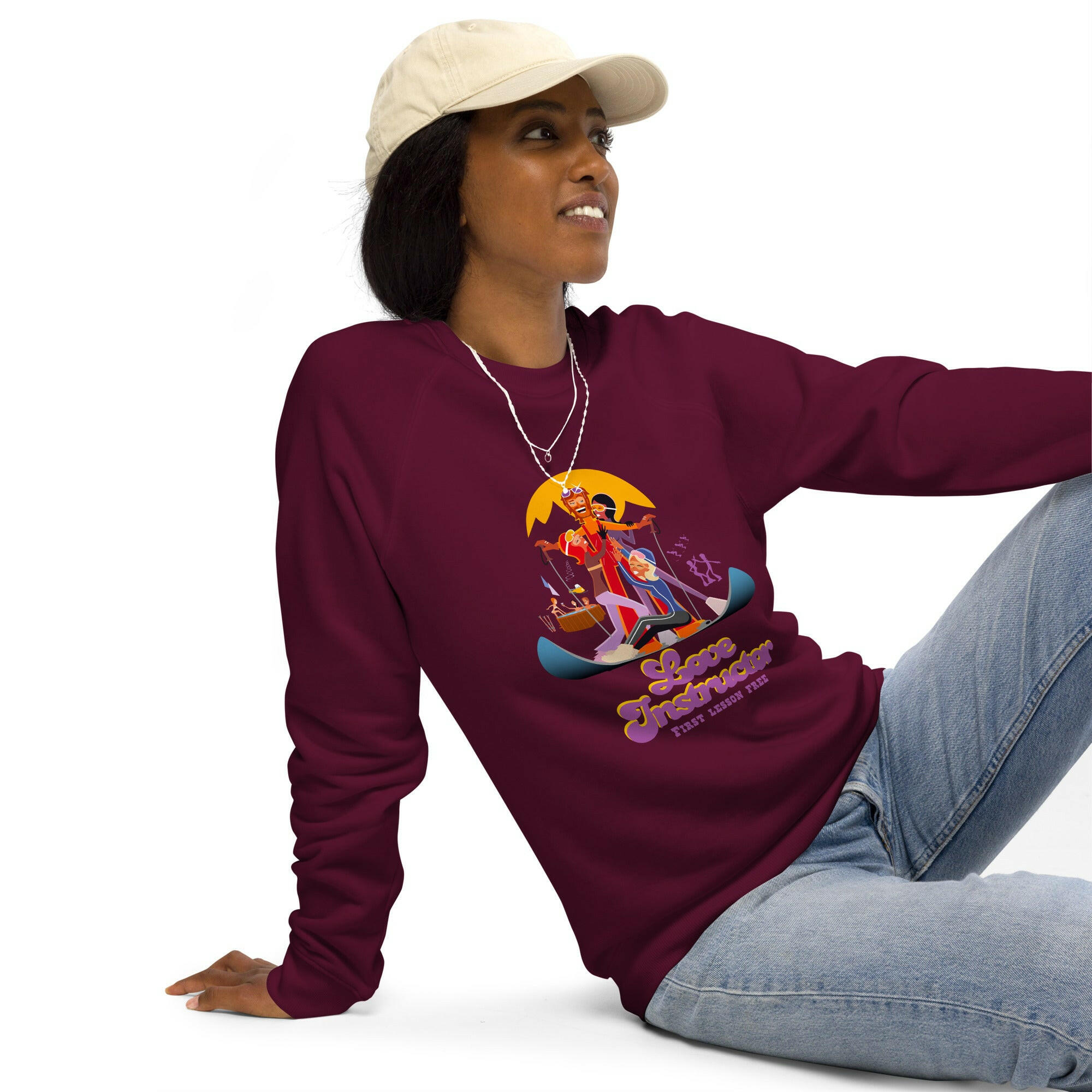 Unisex organic raglan sweatshirt Love Instructor First Lesson free