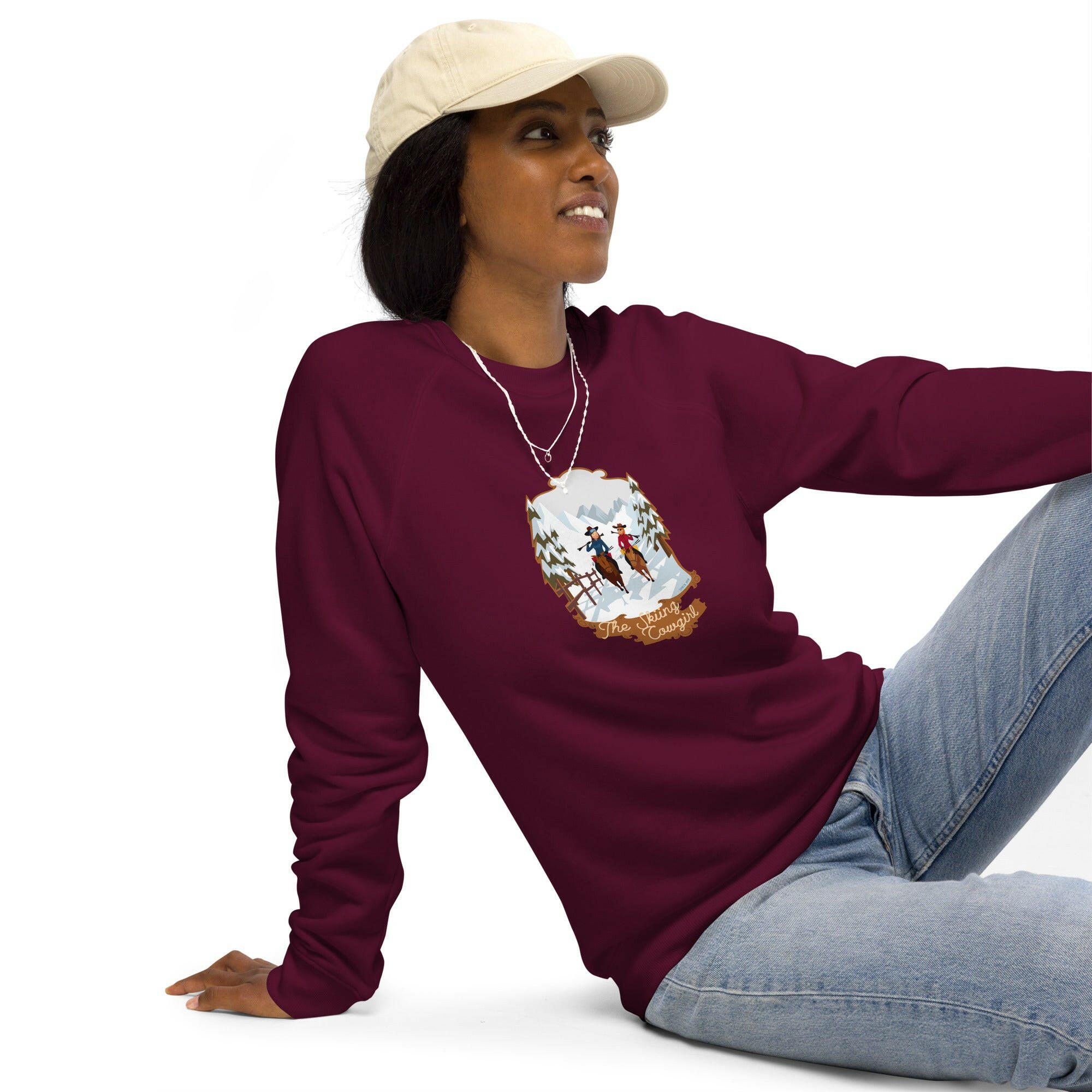 Unisex organic raglan sweatshirt The Skiing Cowgirl