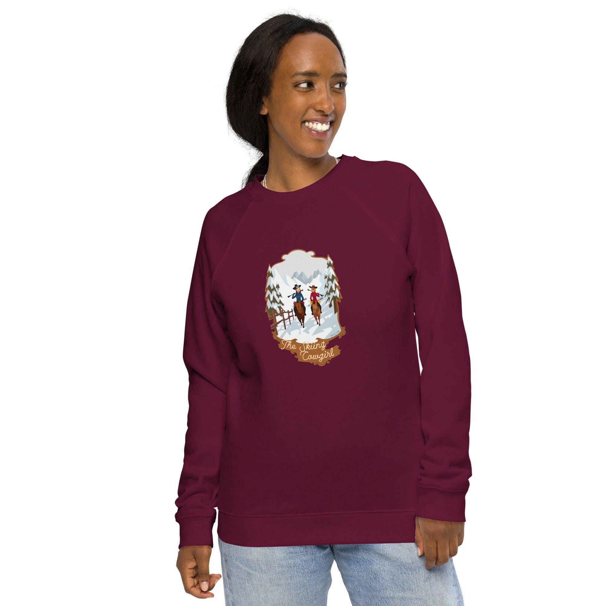 Unisex organic raglan sweatshirt The Skiing Cowgirl