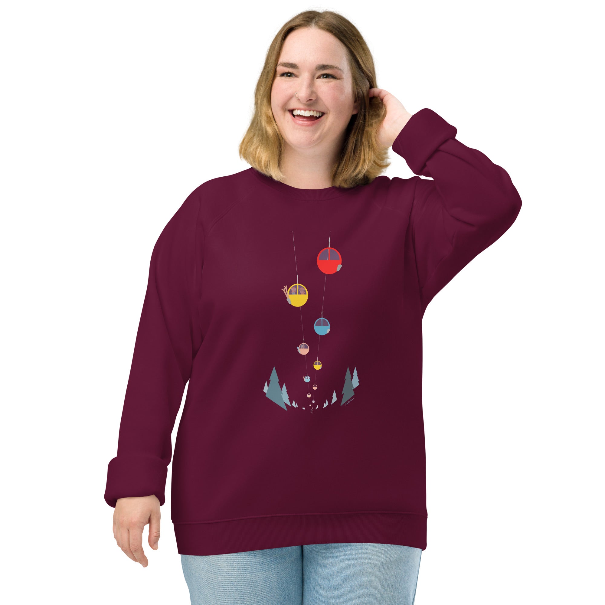 Unisex organic raglan sweatshirt Gondolas in the mist