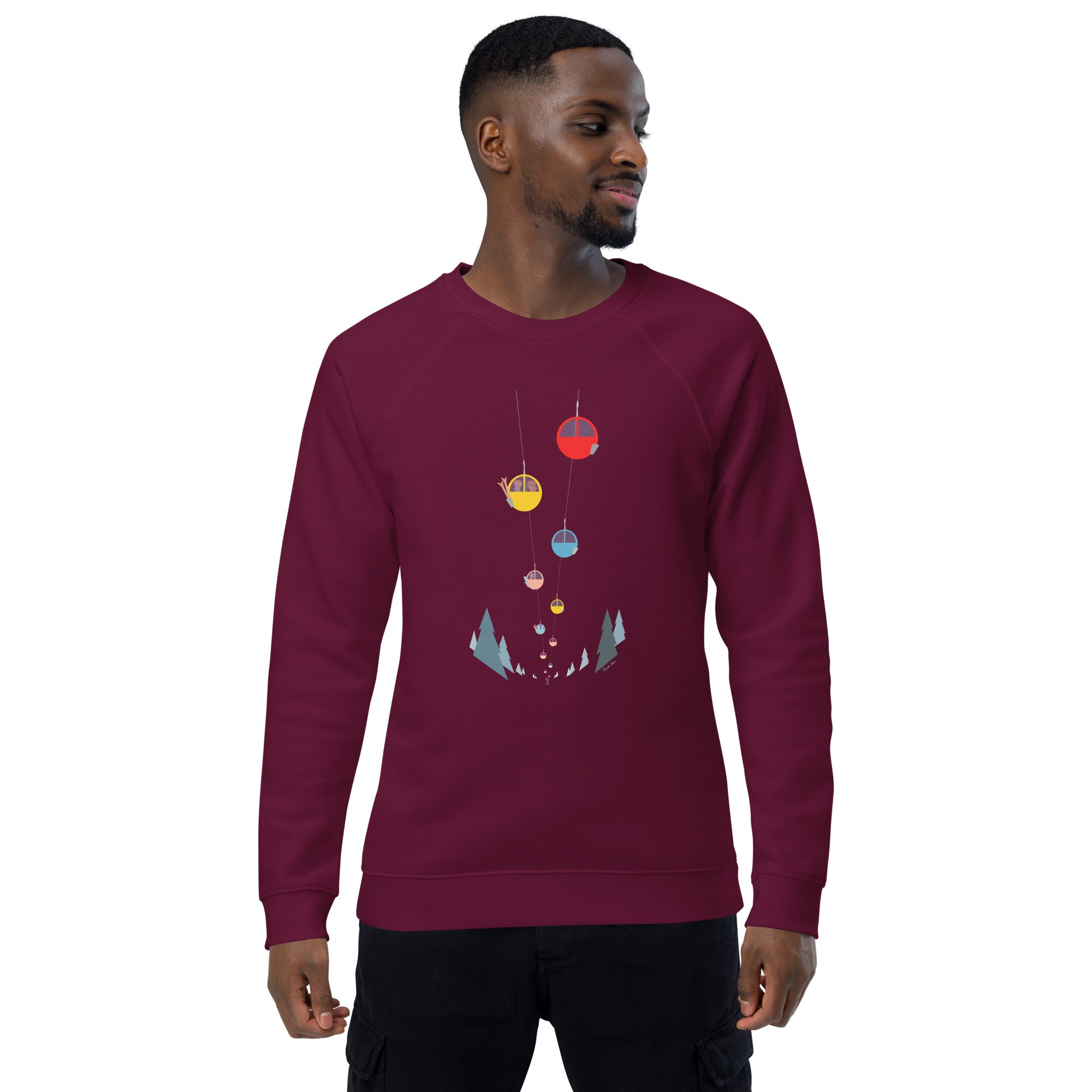 Unisex organic raglan sweatshirt Gondolas in the mist