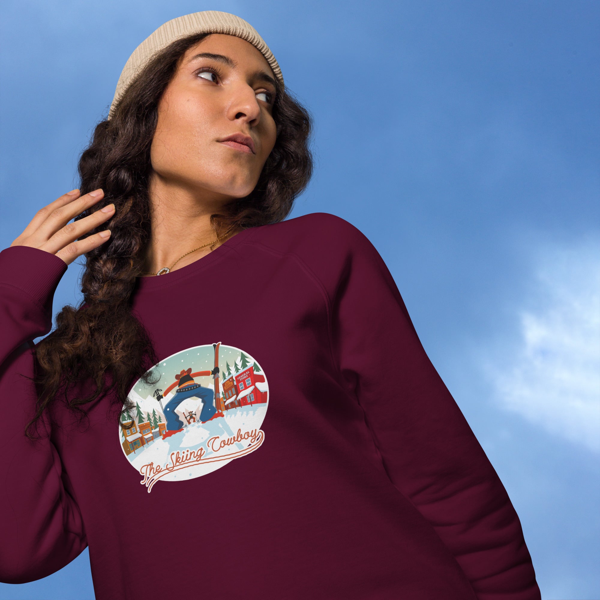 Sweatshirt écologique raglan unisexe Ski Fight at OK Corral (face & dos)